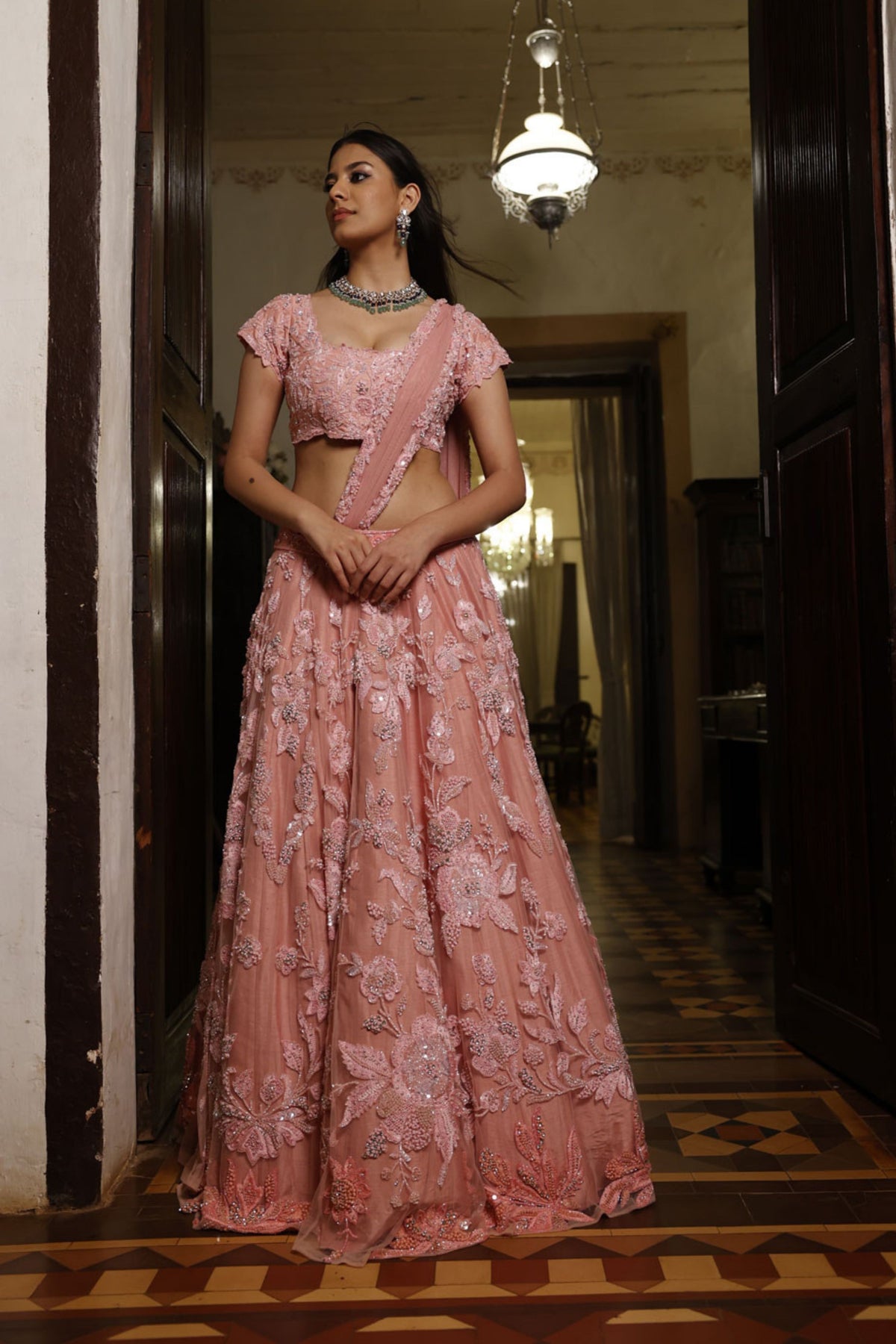 Pink Net Floral Lengha
