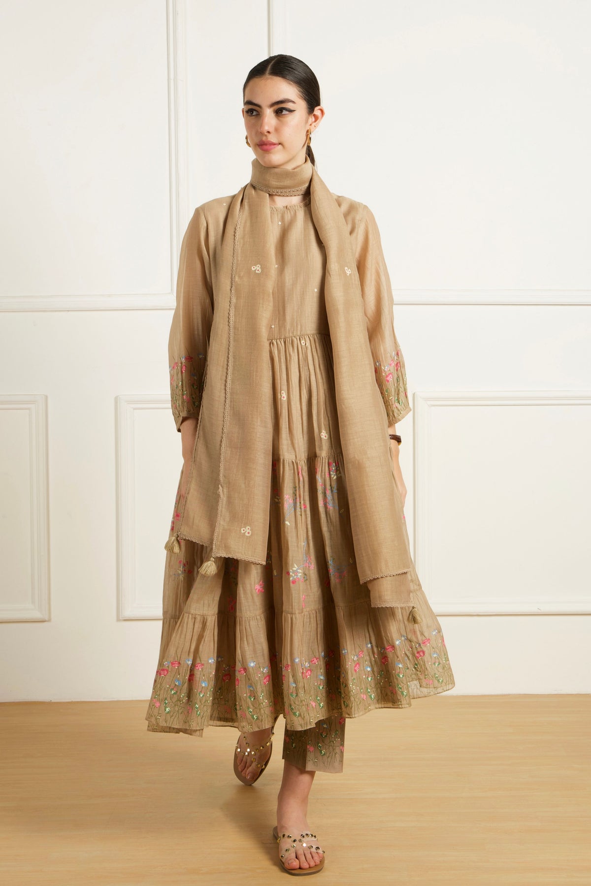 Beige Gathered Kurta Set