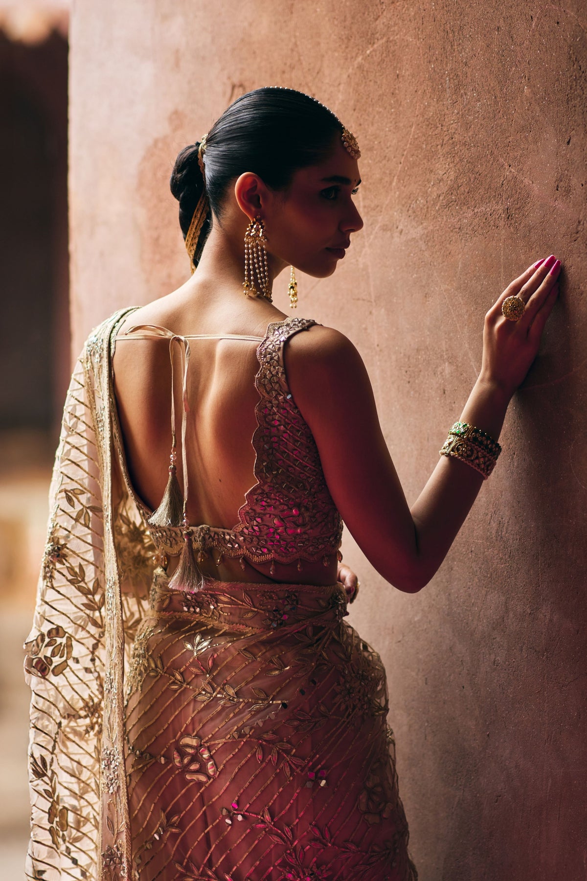 Rose Gold Net Saree Set