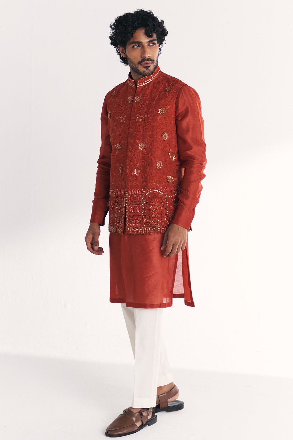Shamsi Rust Nehru Jacket Set