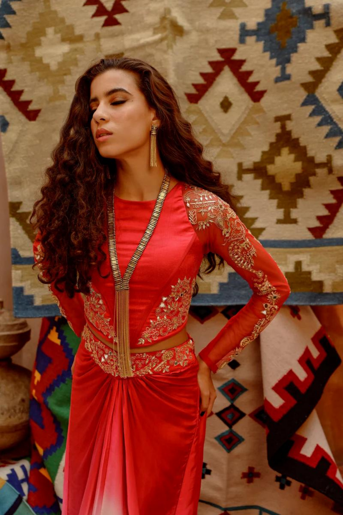 Hot Red Ombre Drape Skirt Set