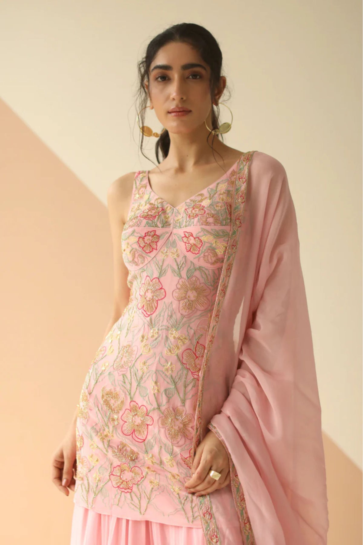 baby pink heavy jaal kurti