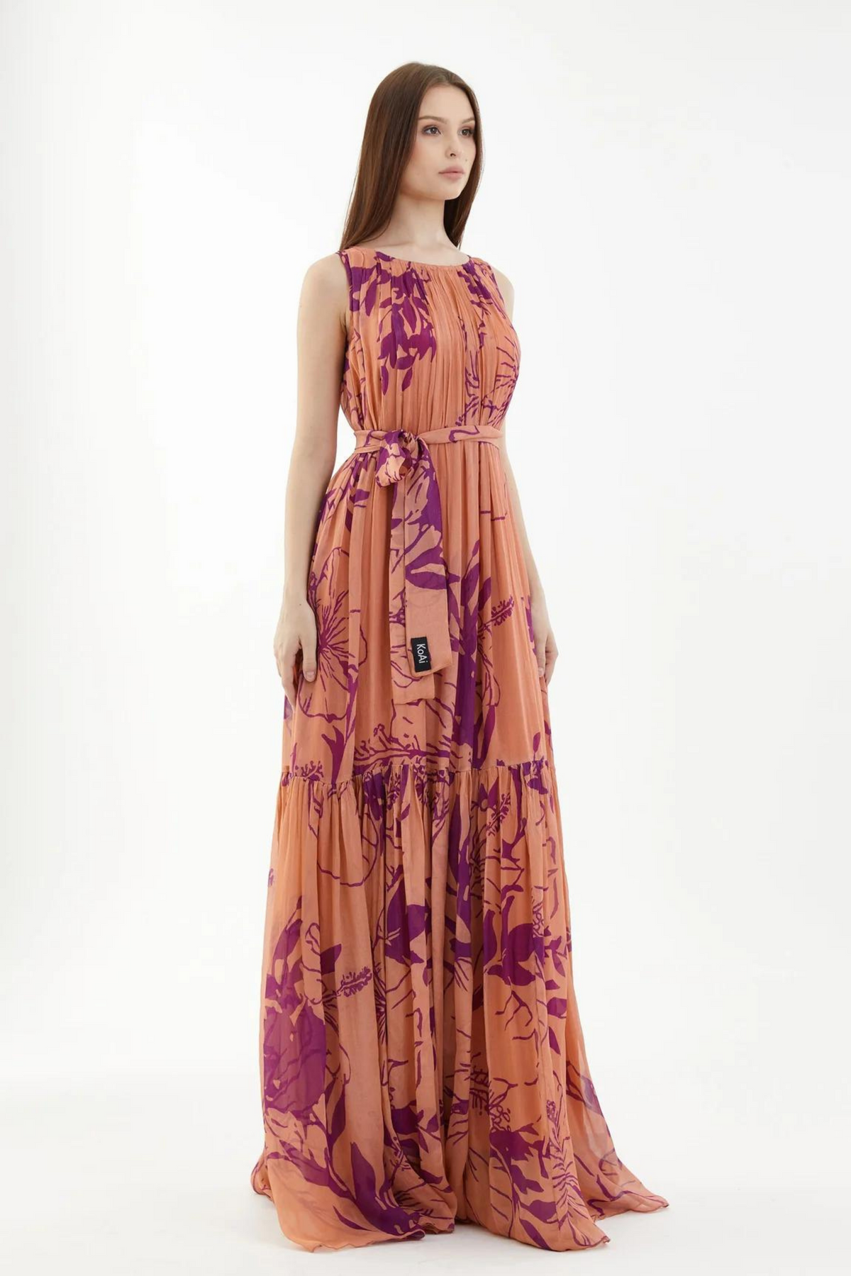 Orange And Purple Floral Sleeveless Long Dress