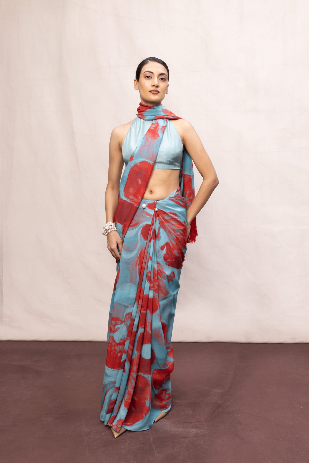 Sky Blue & Red Brush Stroke Saree
