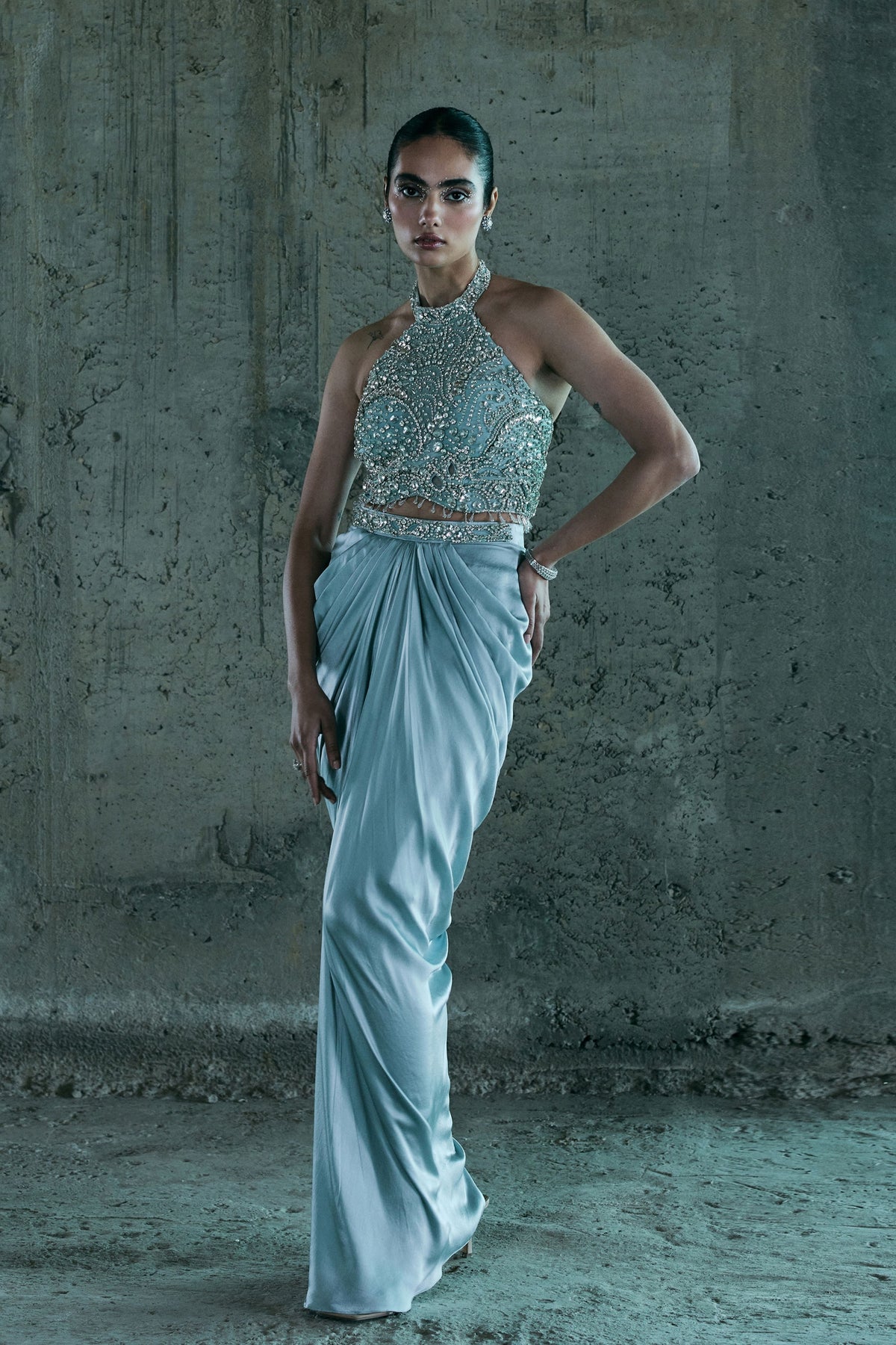 Ice Blue Embellished Top With Skirt