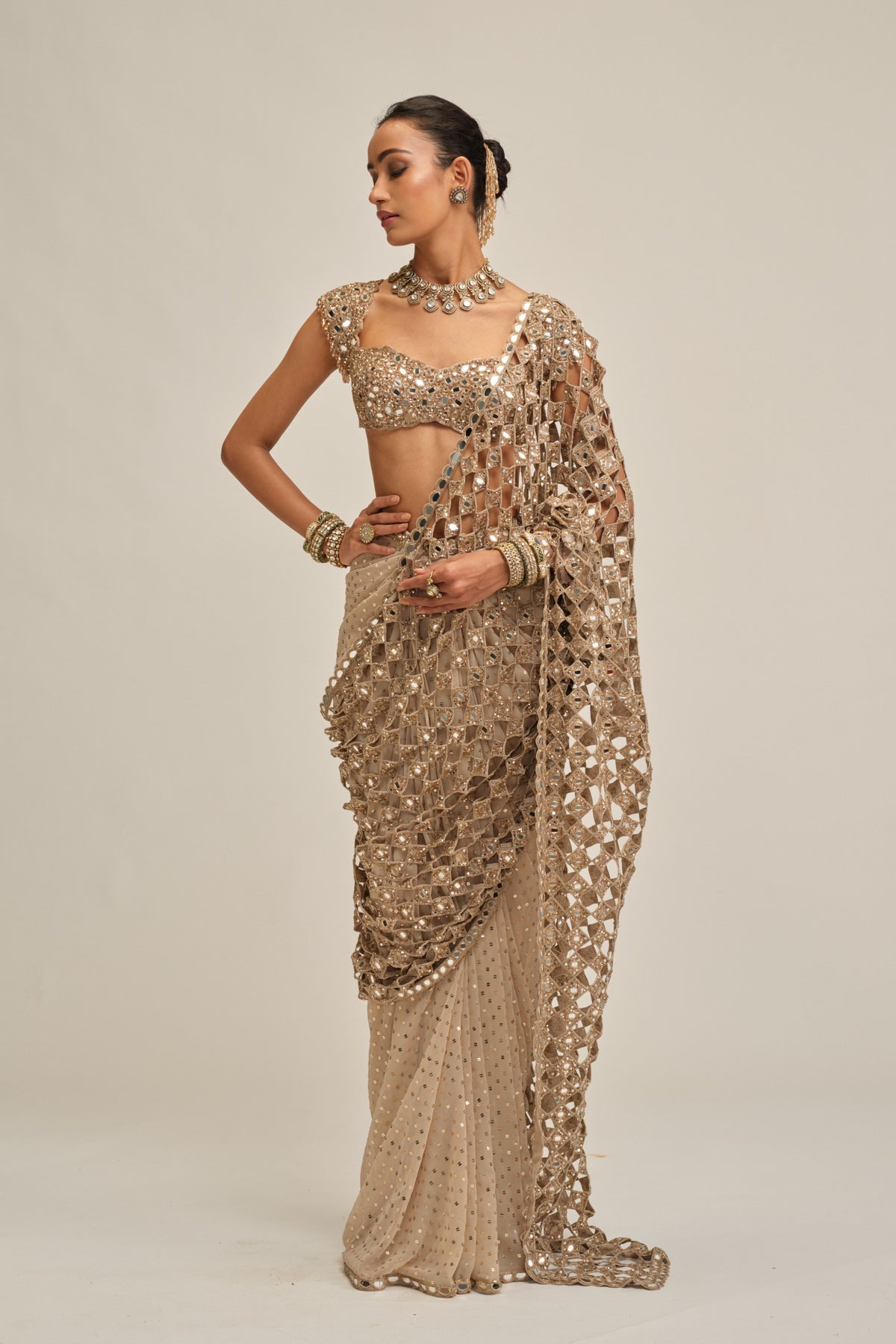 Modern Mirror Work Saree Set