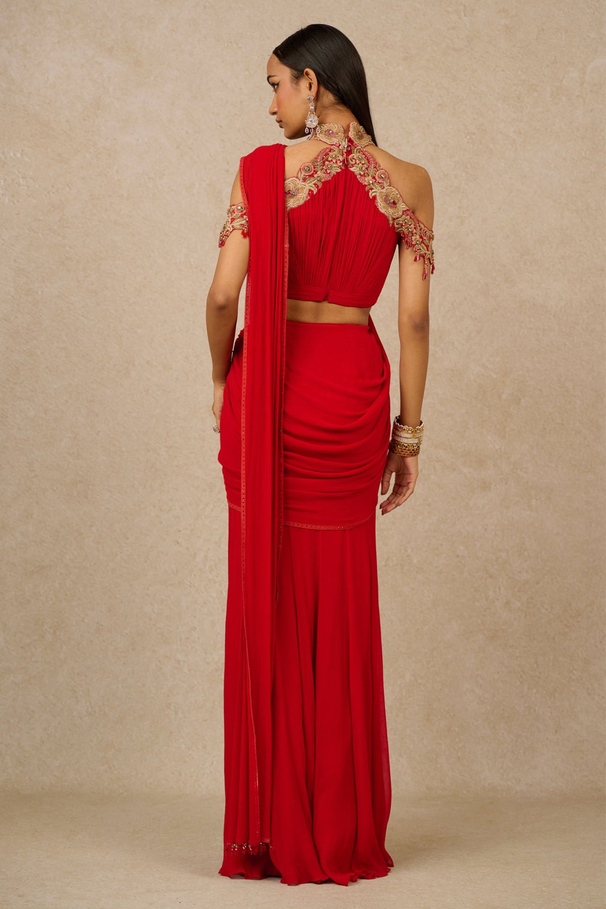Red Off-shoulder Concept Saree
