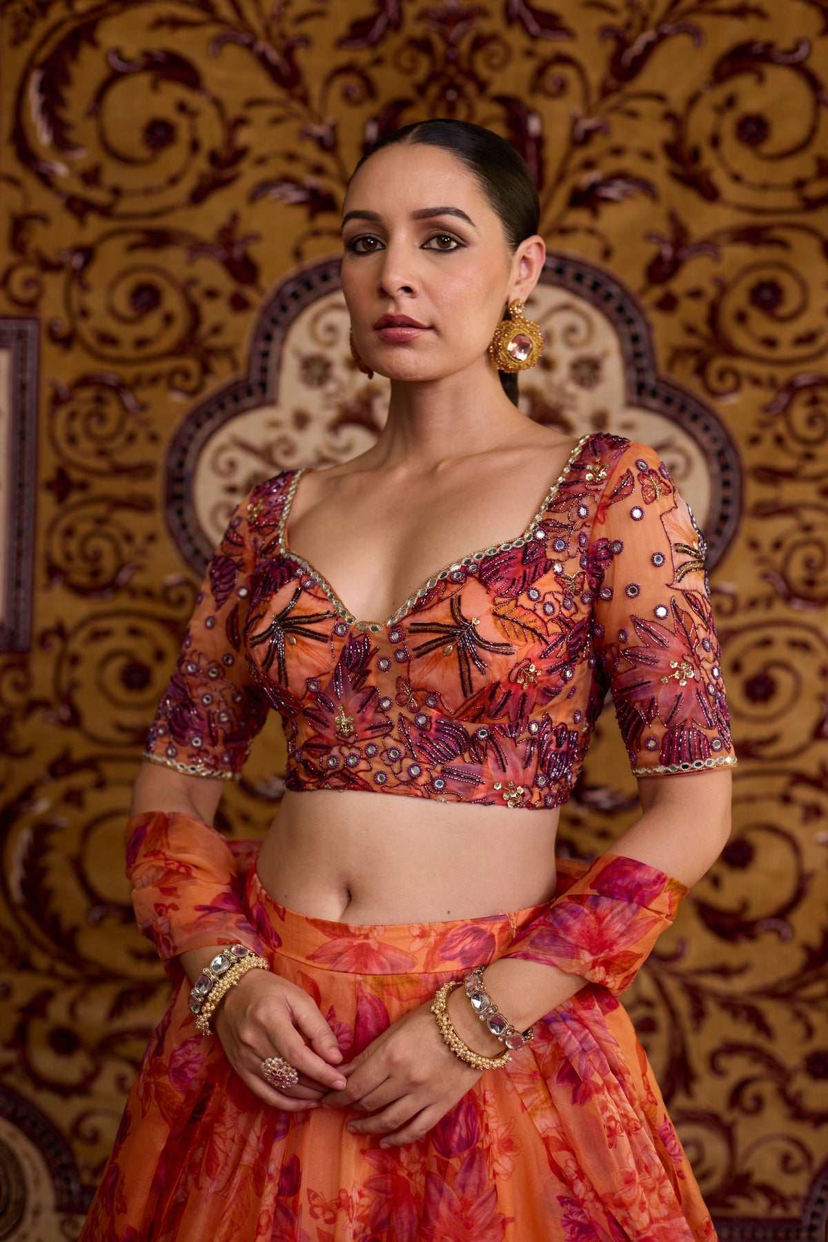 Orange Floral Lehenga Set