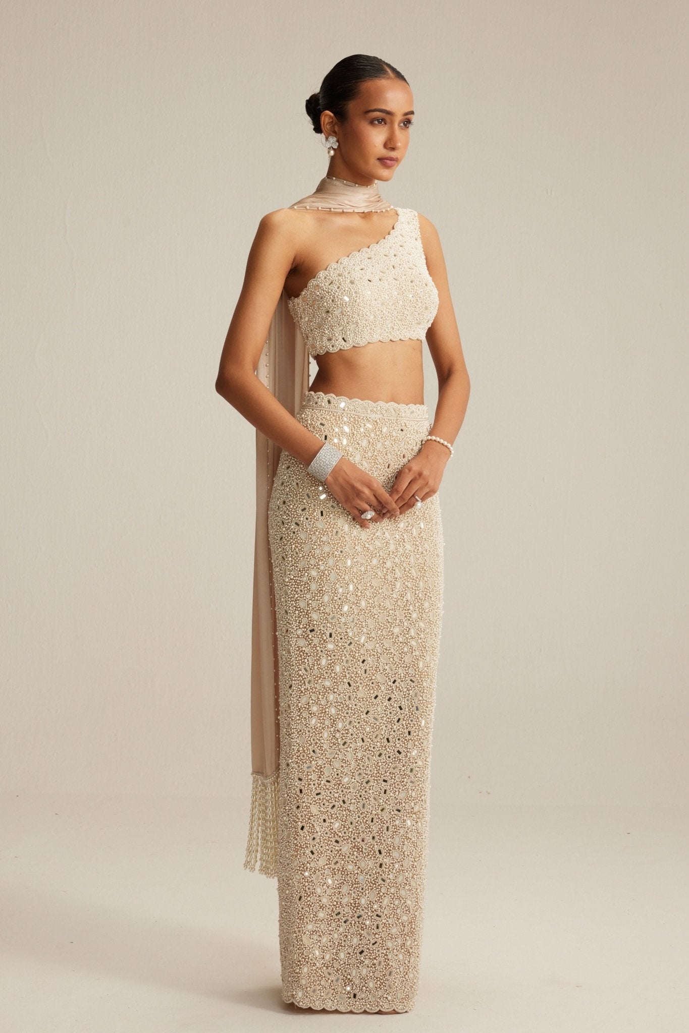 Light Beige Pencil Skirt Set - Vvani by Vani Vats - Elahe