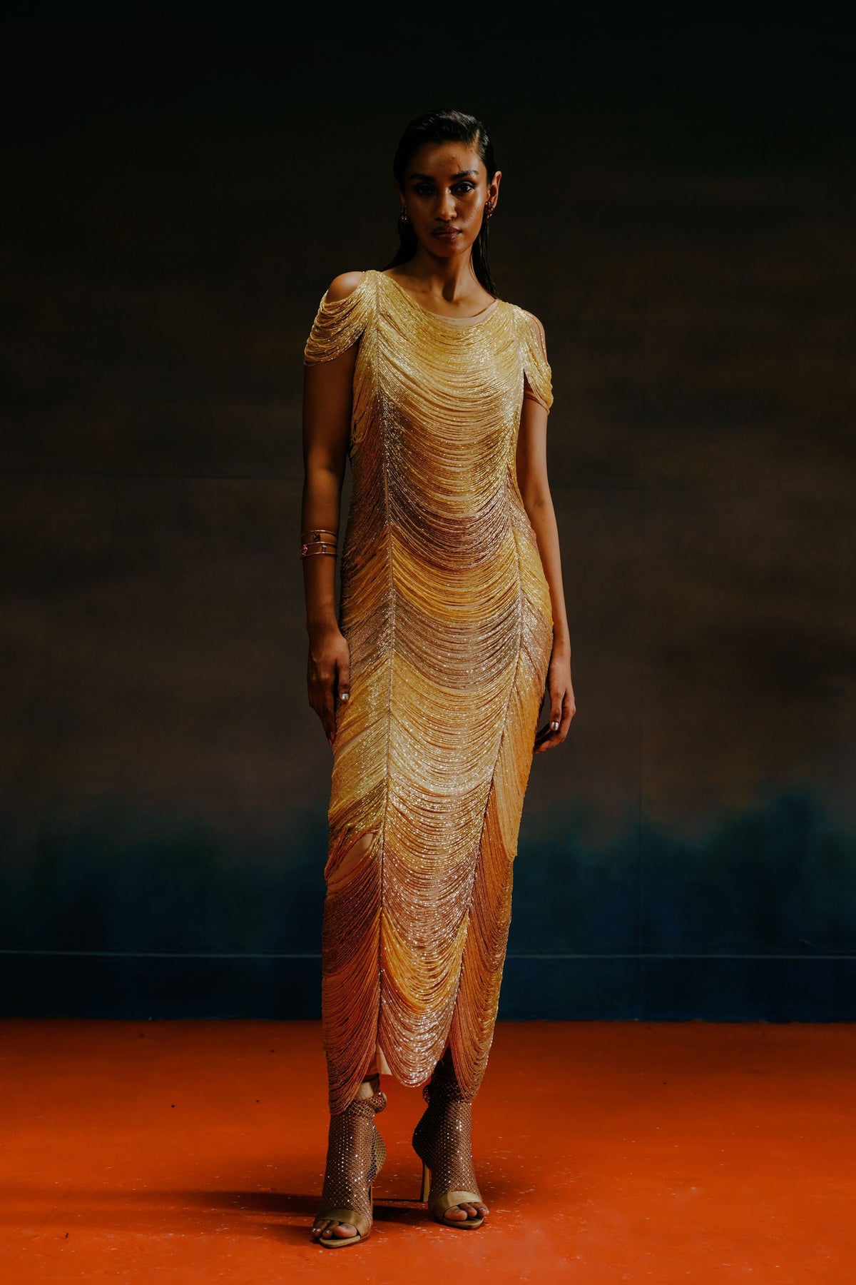 Citara - Gold Ombre Tassled Dress Xs Citara - Gold Ombre Tassled Dress Xs