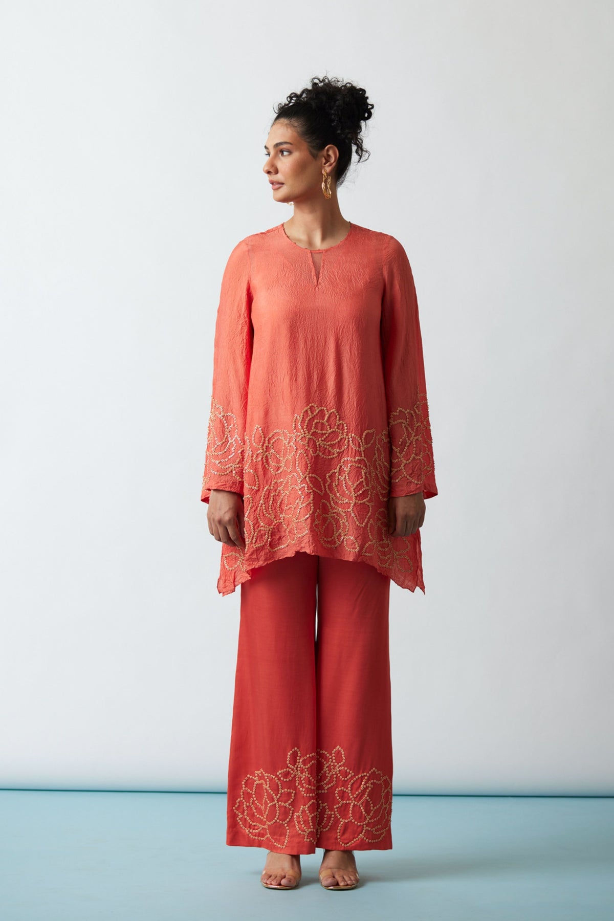 Coral Crushed Silk Tunic Set