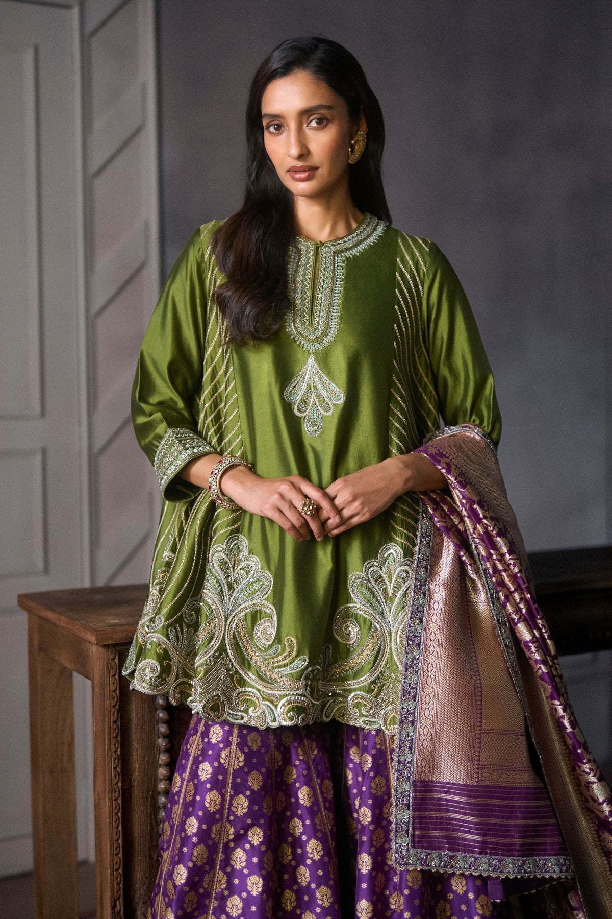 Banarasi Olive Sharara Set