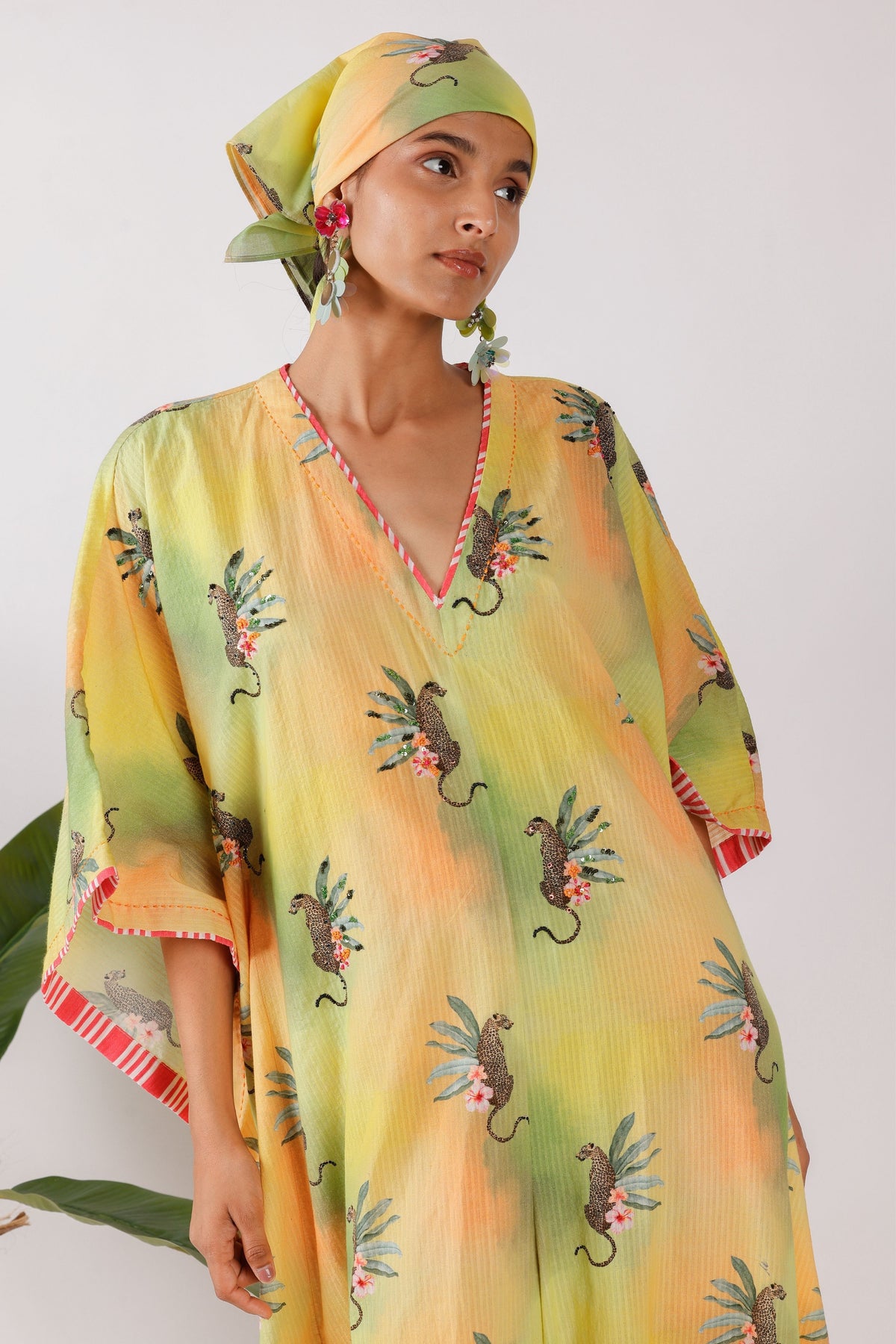 Leopard Print Stripe Ruching Kaftan