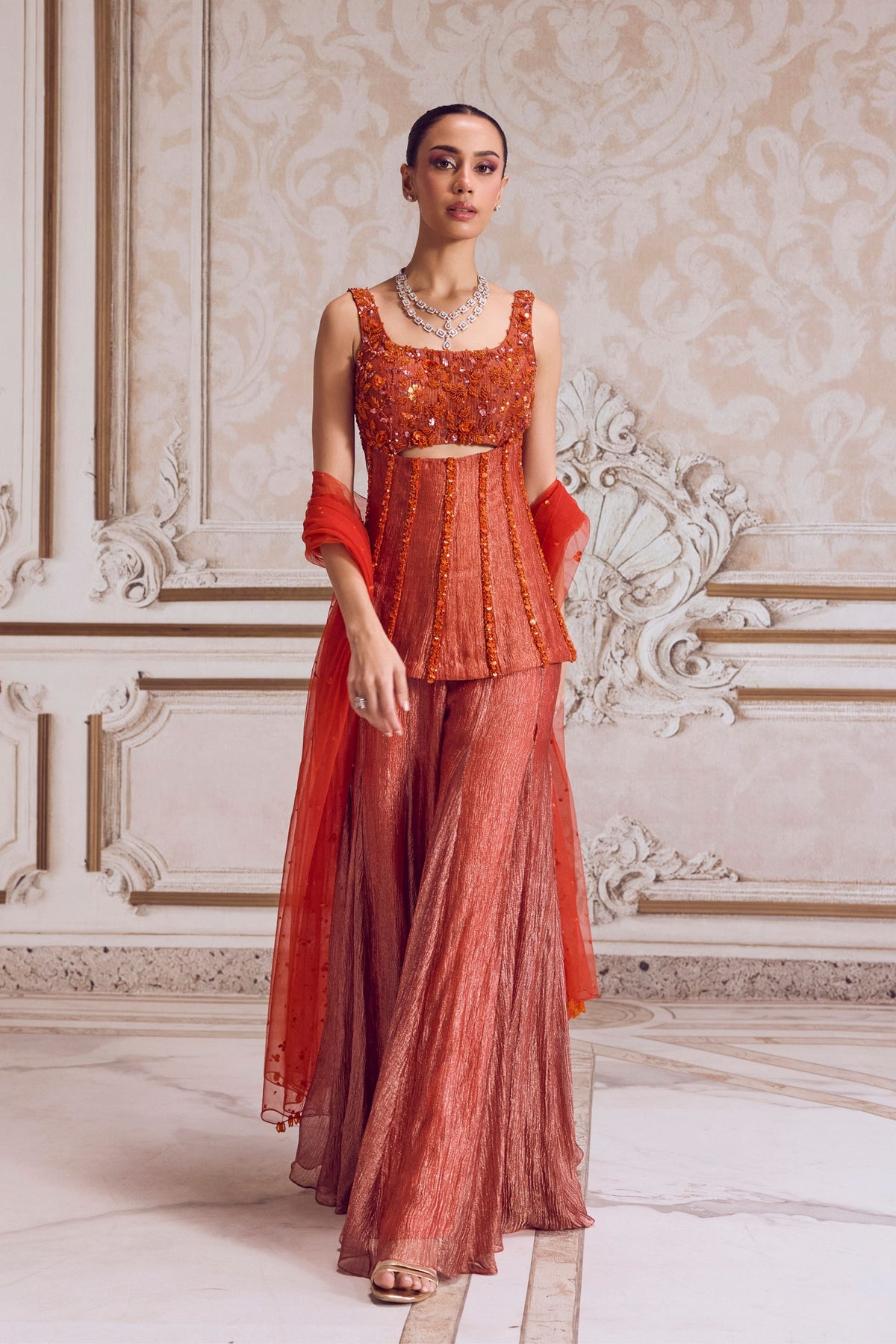 Rust Tissue Sharara Set