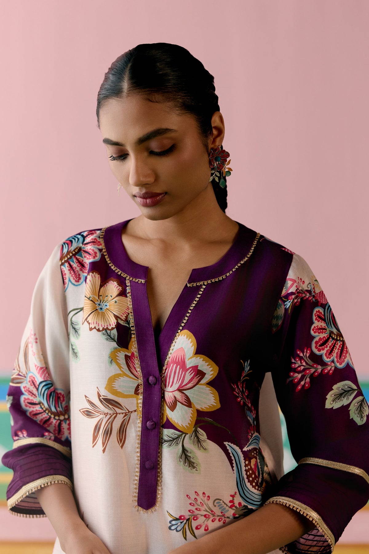 Purple Floral V-neck Kurta Set