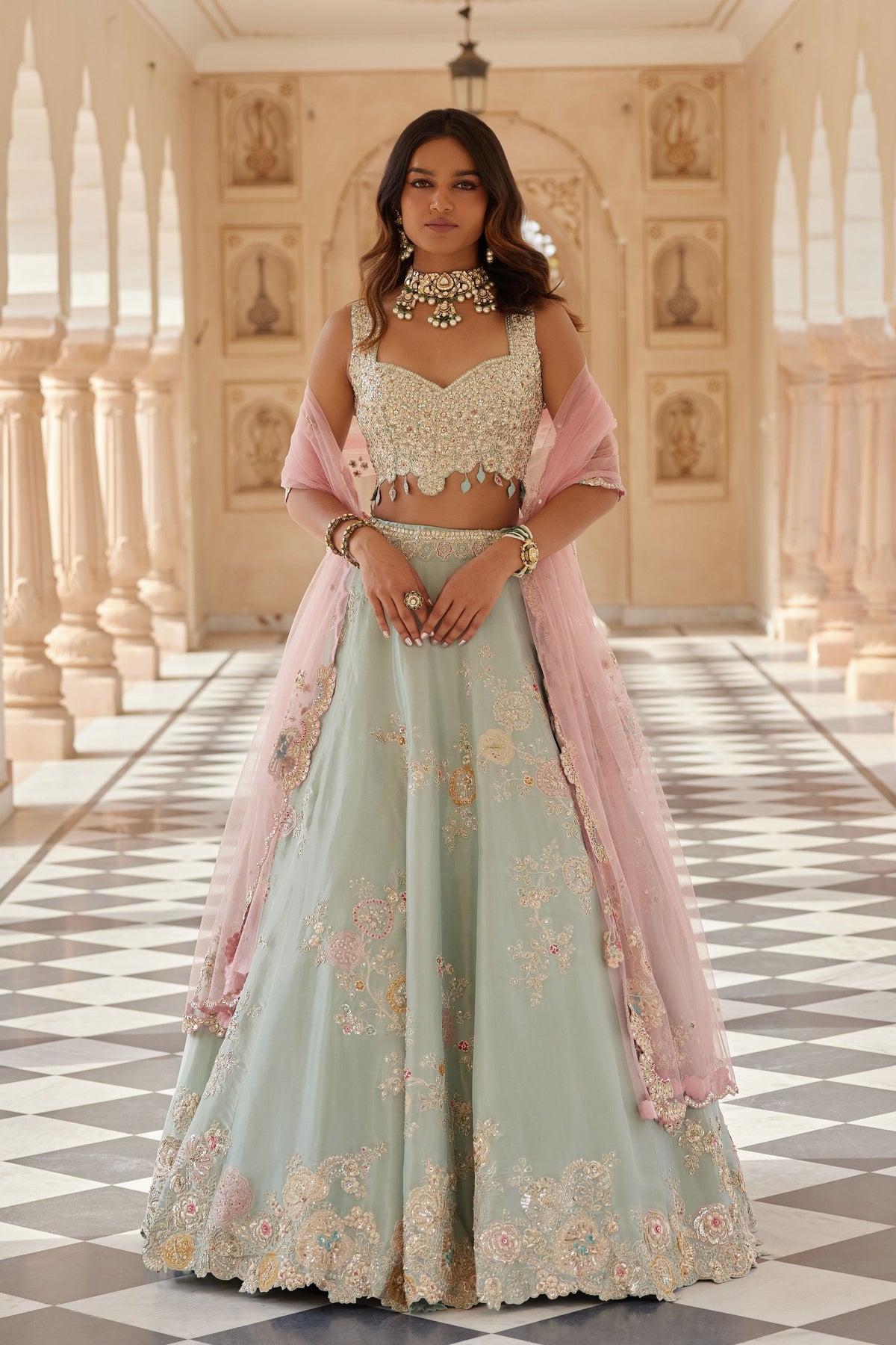 Tea Green Embroidered Lehenga Set