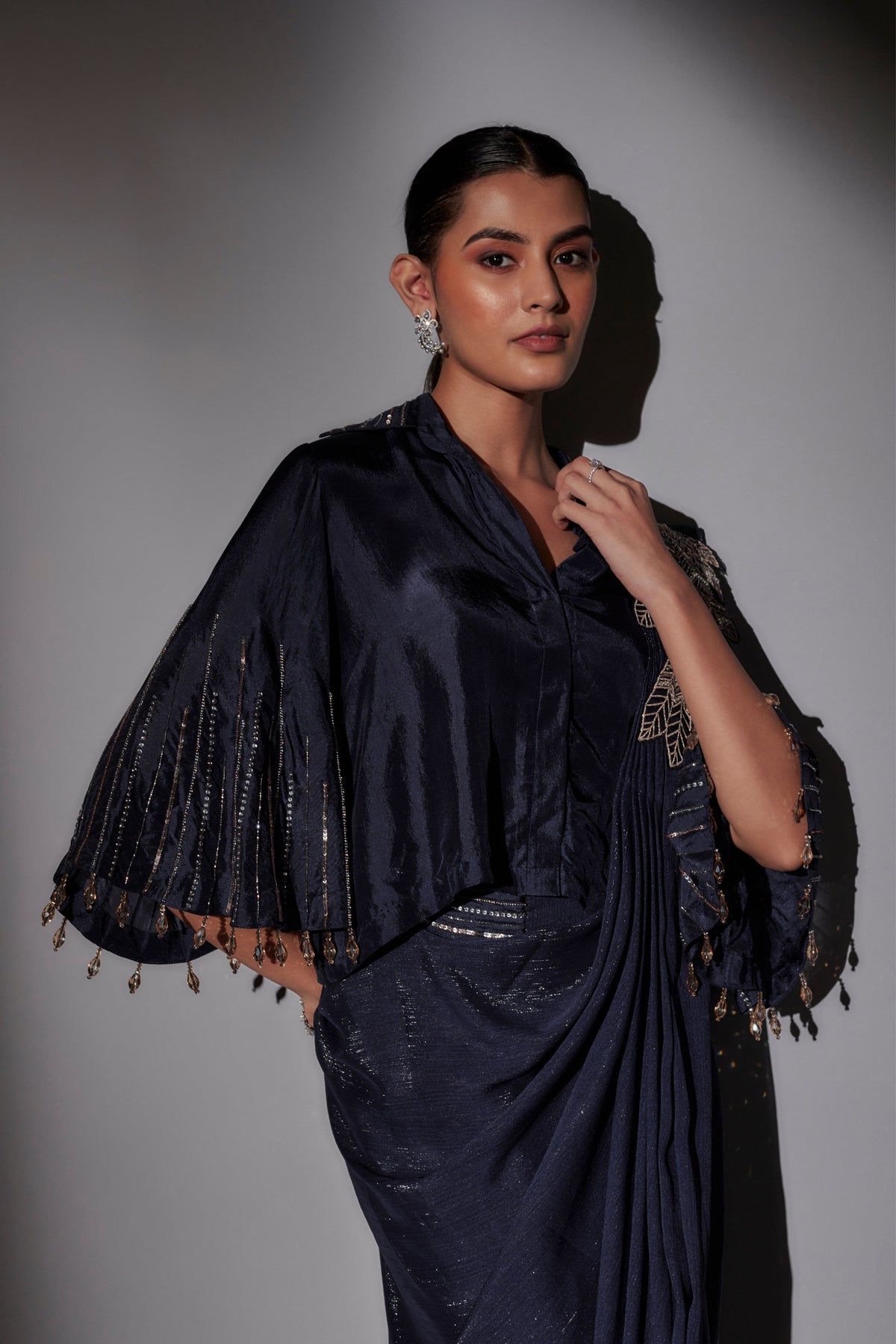 Navy Blue Pre-Draped Saree set