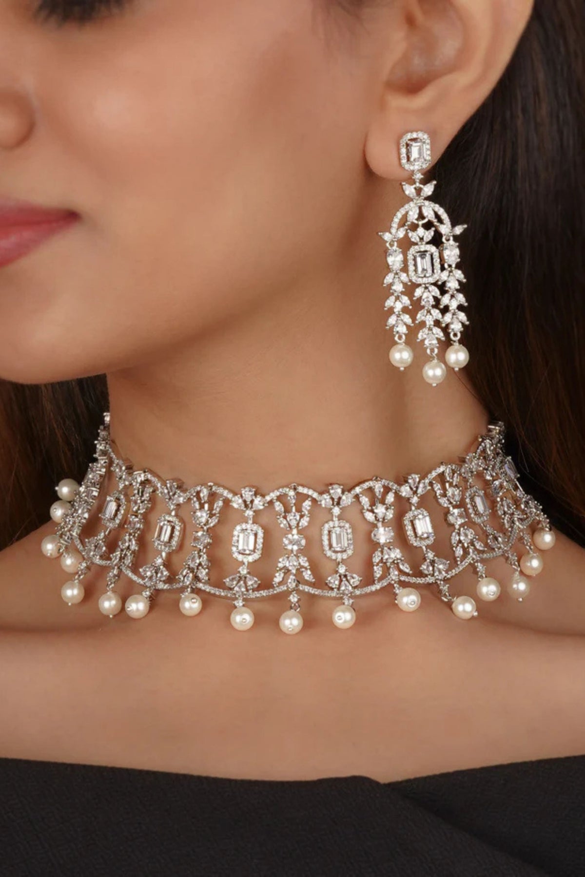 White Color Silver Plated Faux Diamond Necklace Set