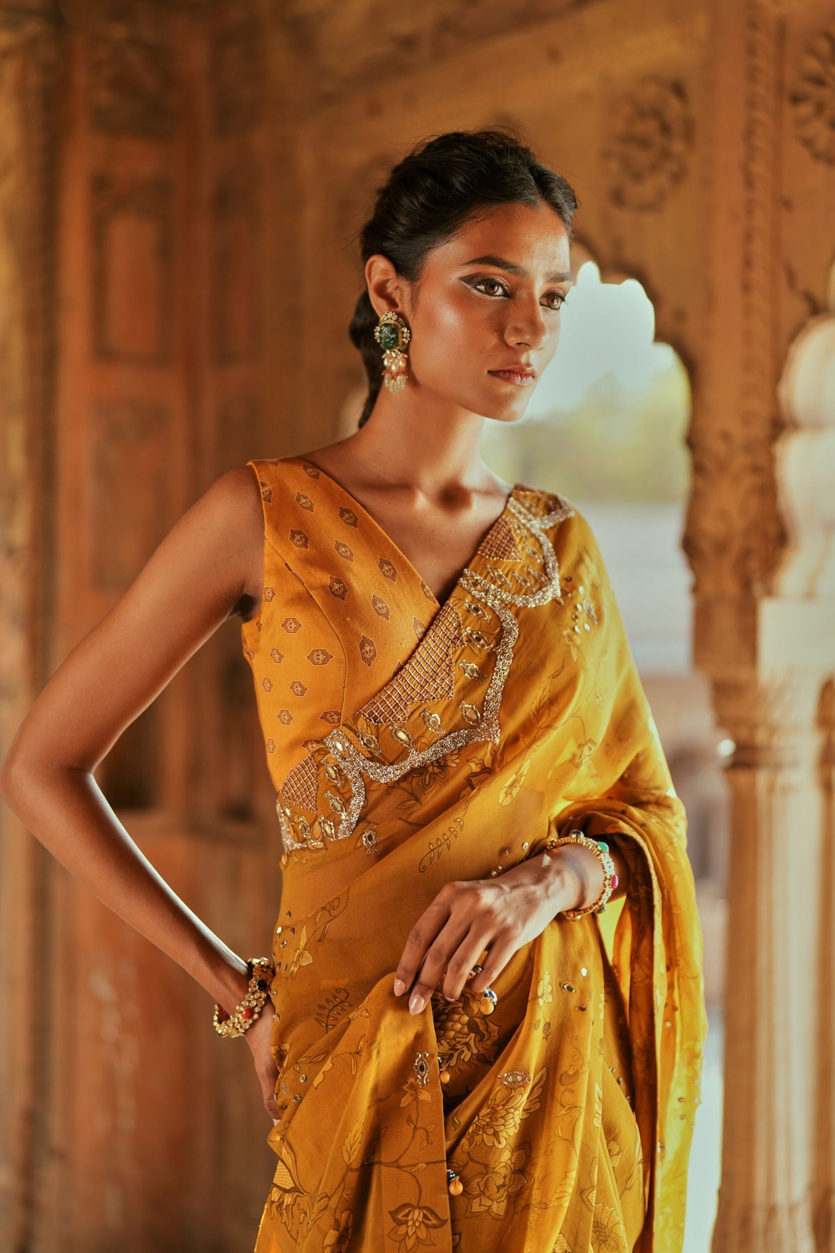 Golden Floral Organza Saree Set