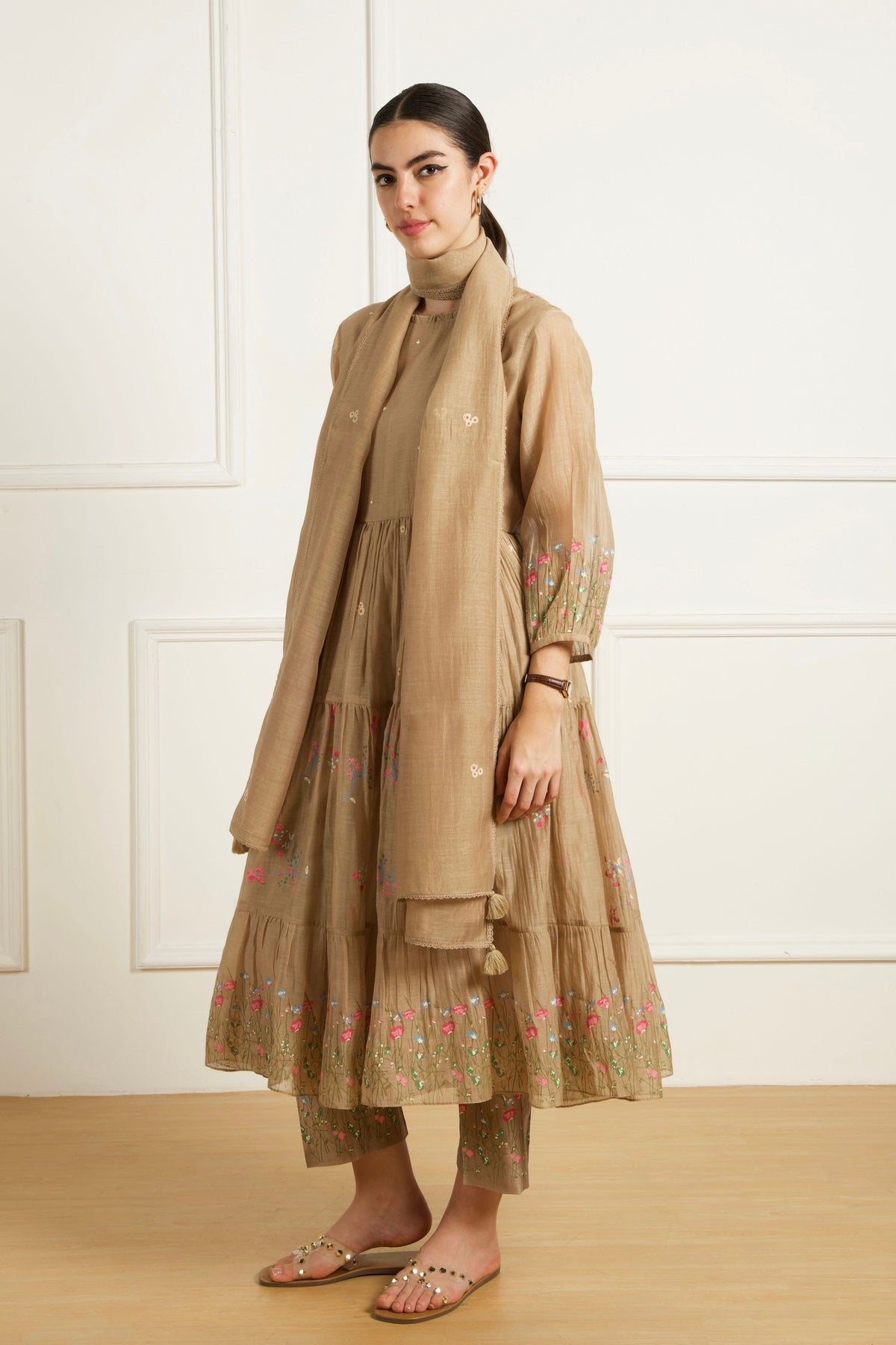 Beige Gathered Kurta Set