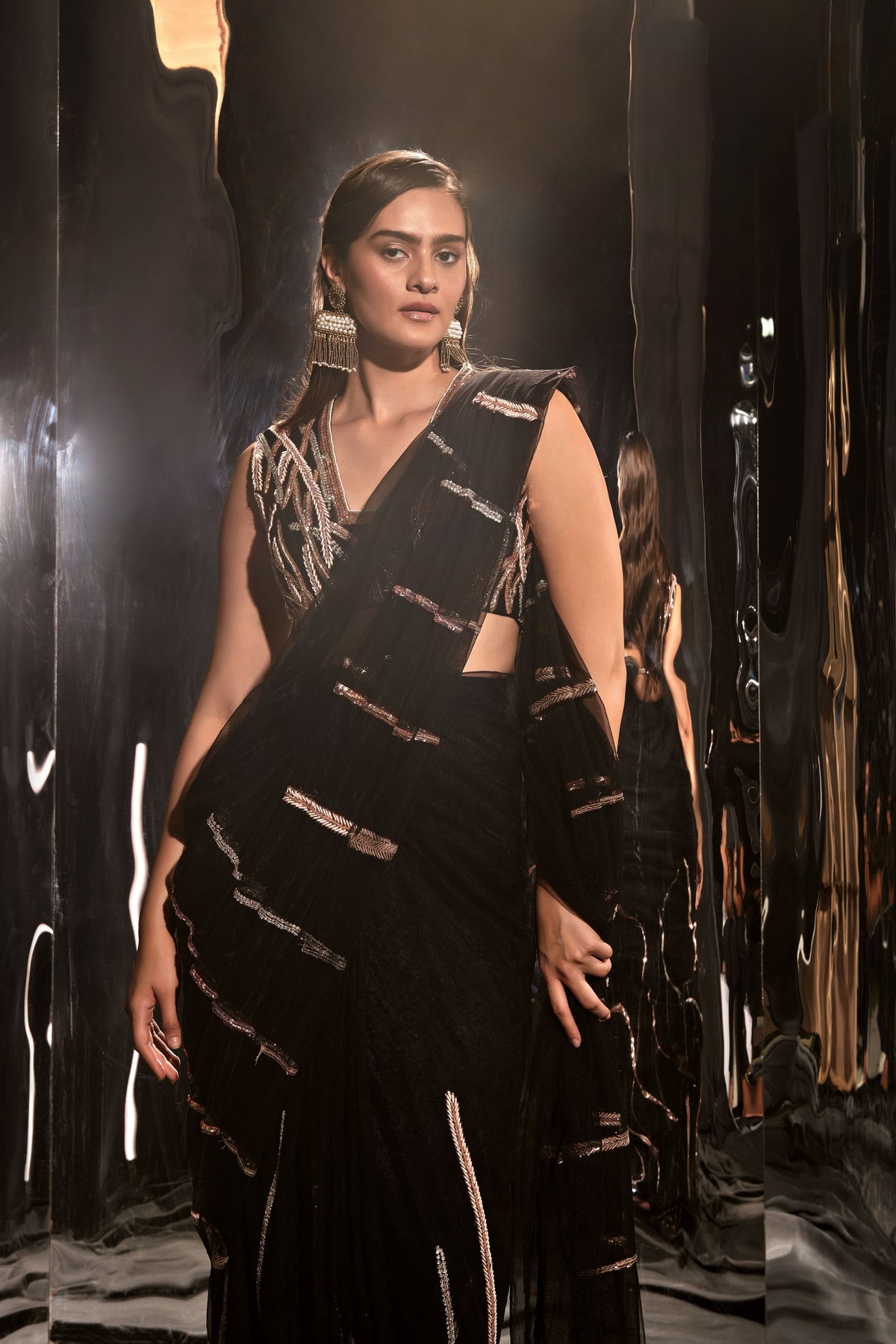 Black Embroidered Saree Set