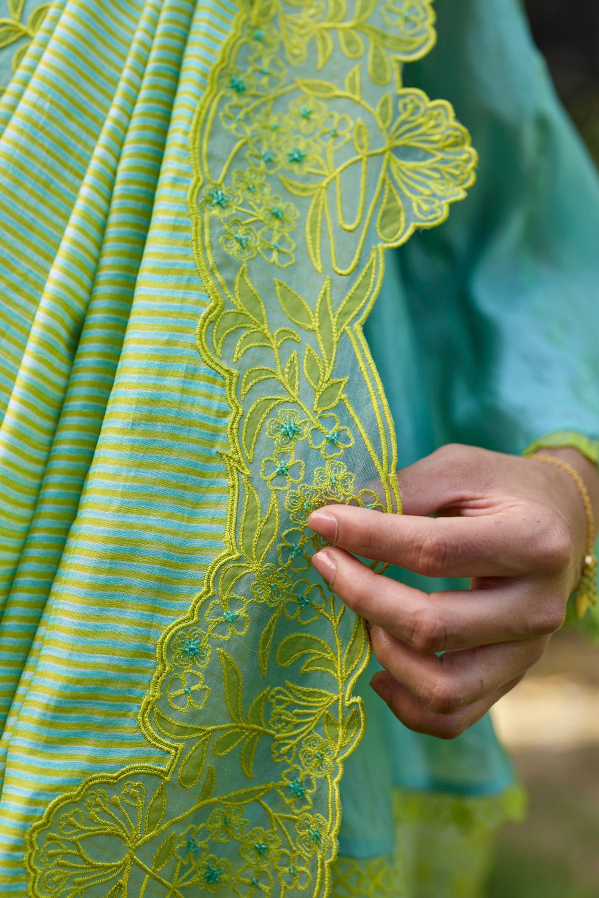 English Morning Green Embroidered Saree