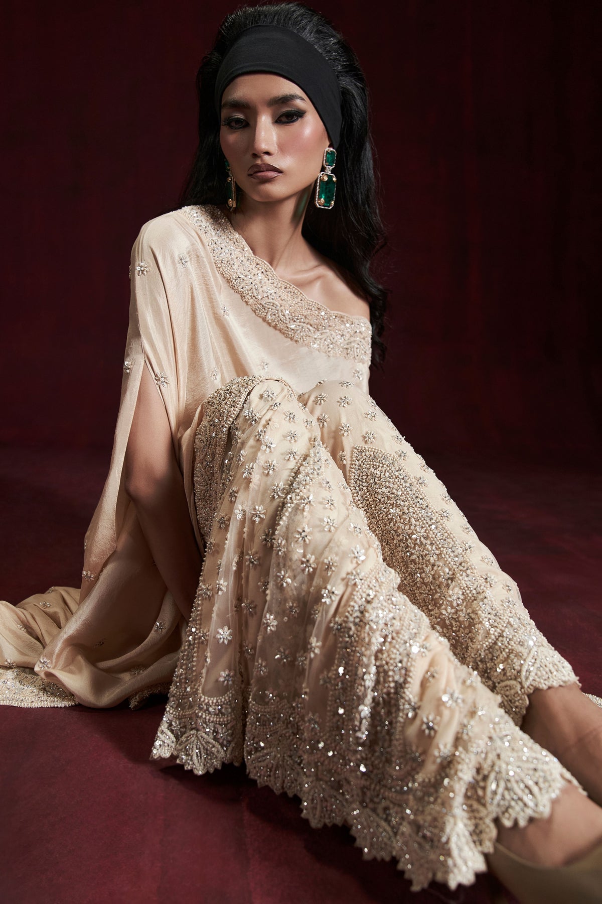 Beige Lana Sharara With Cape