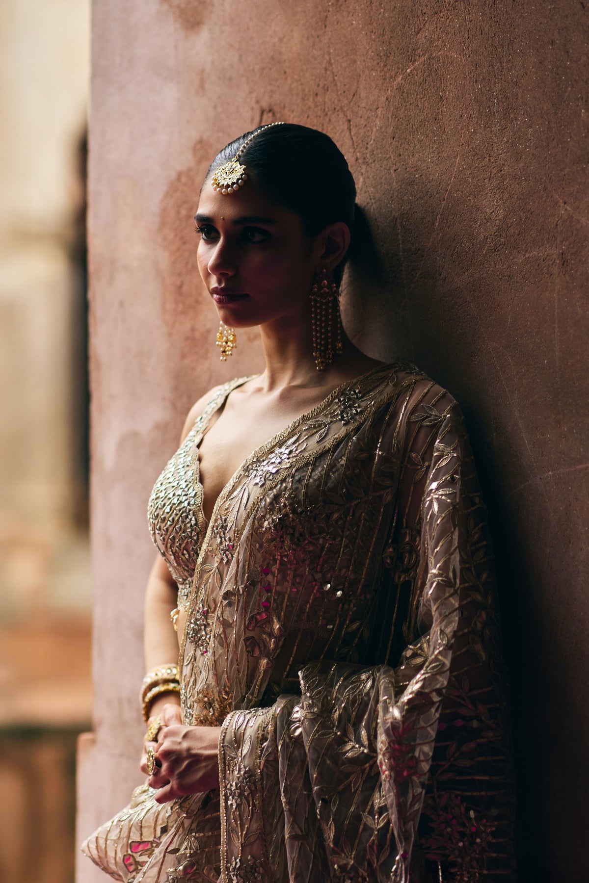 Rose Gold Net Saree Set