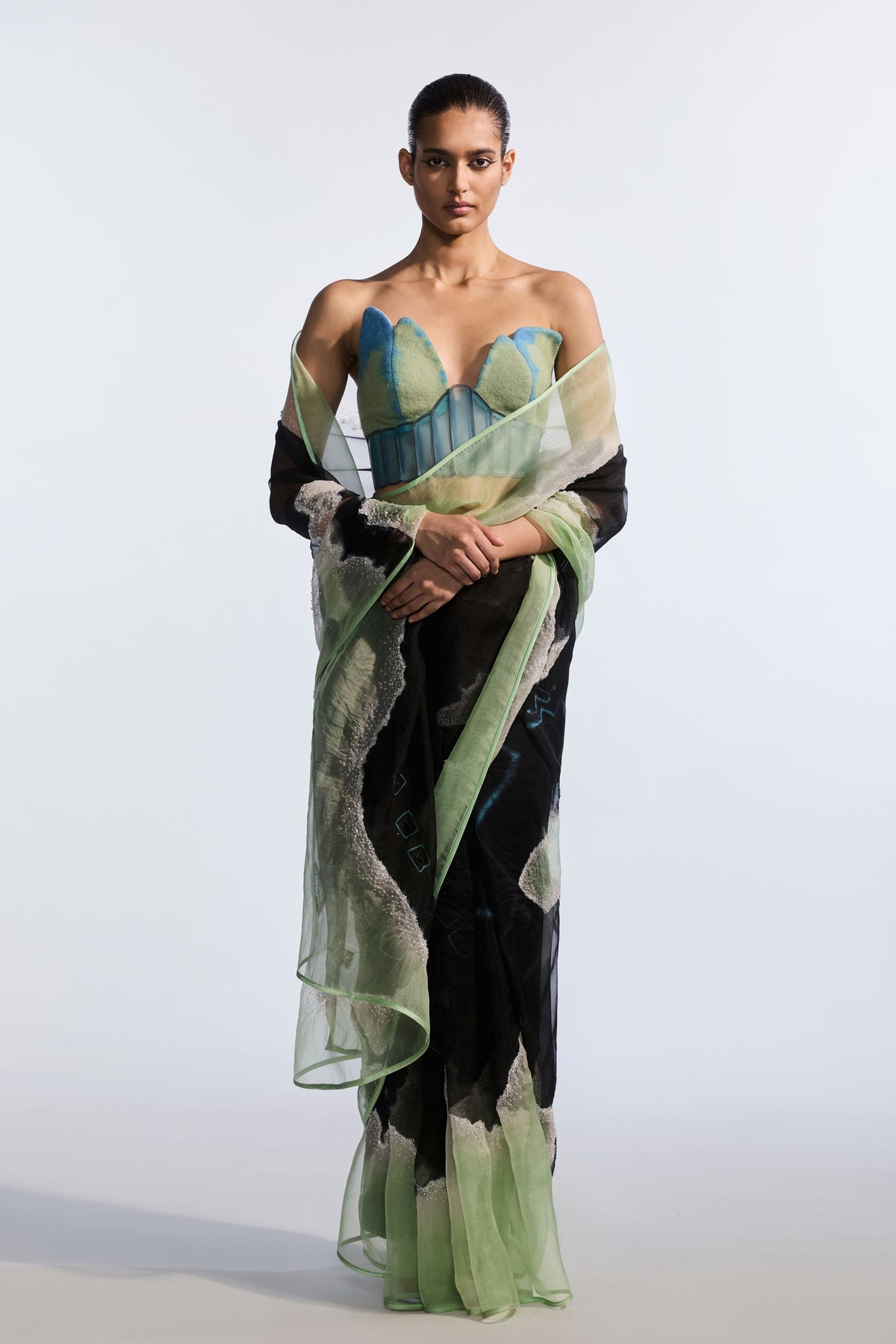 Crystalled Organza Tie Dye Saree Set
