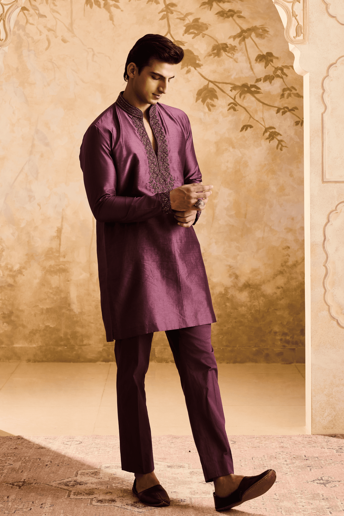 Embroidered Wine Kurta Set