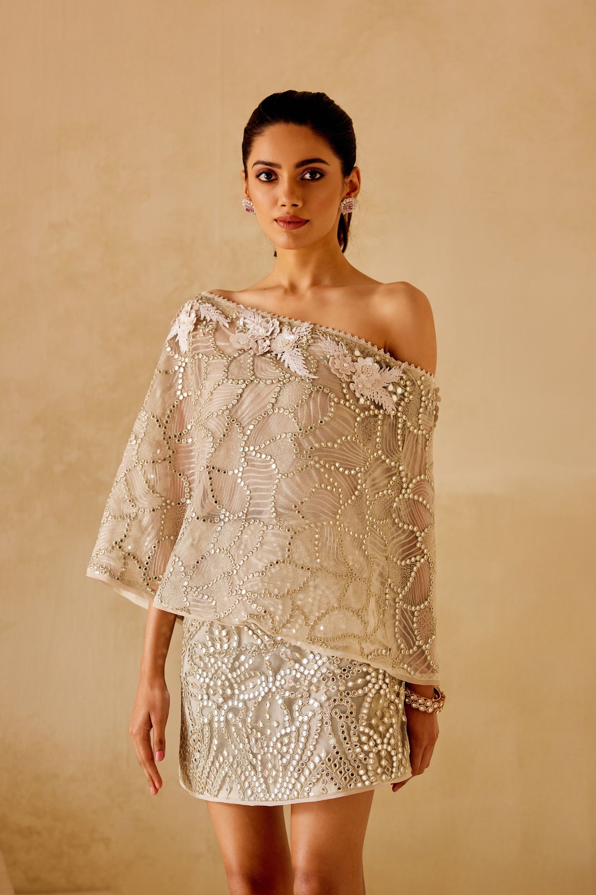Mirrorwork Drop Shoulder Cape in Silver