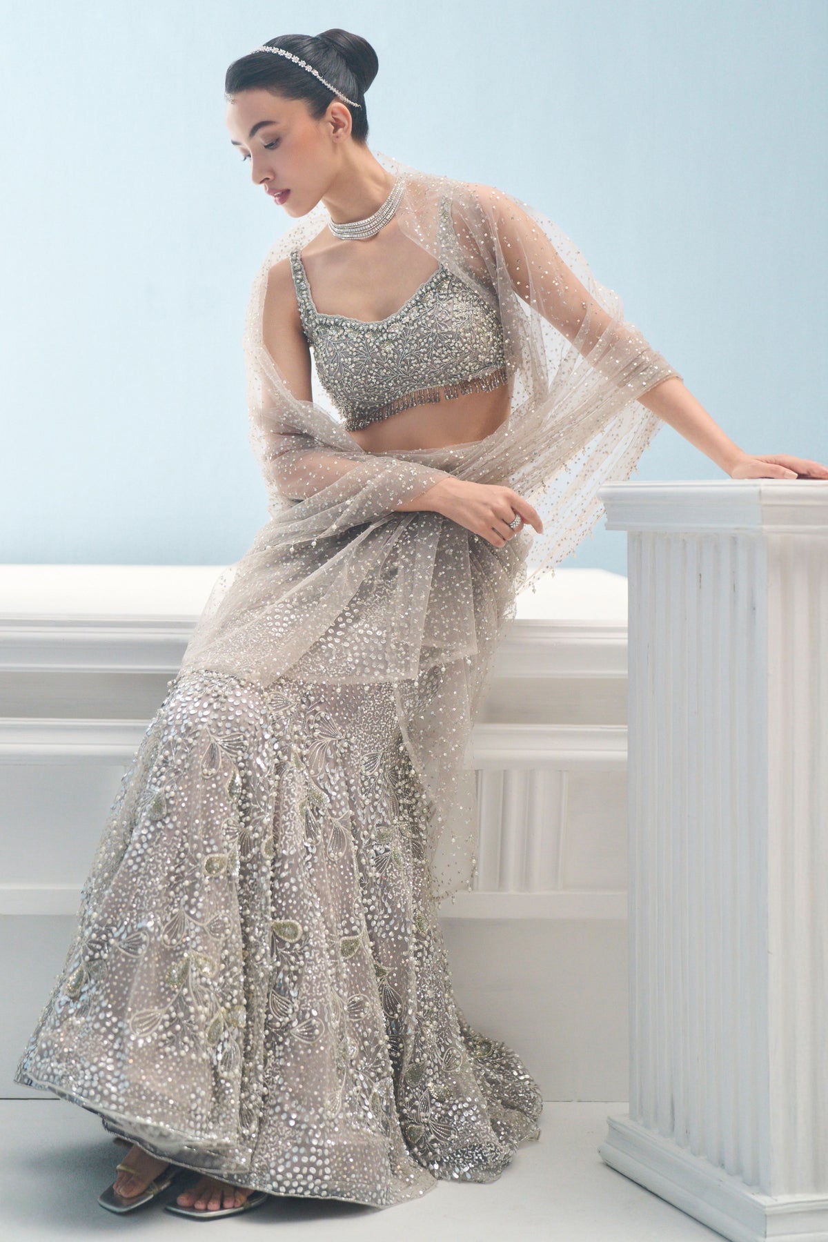 Silver Grey Drape Lehenga Set