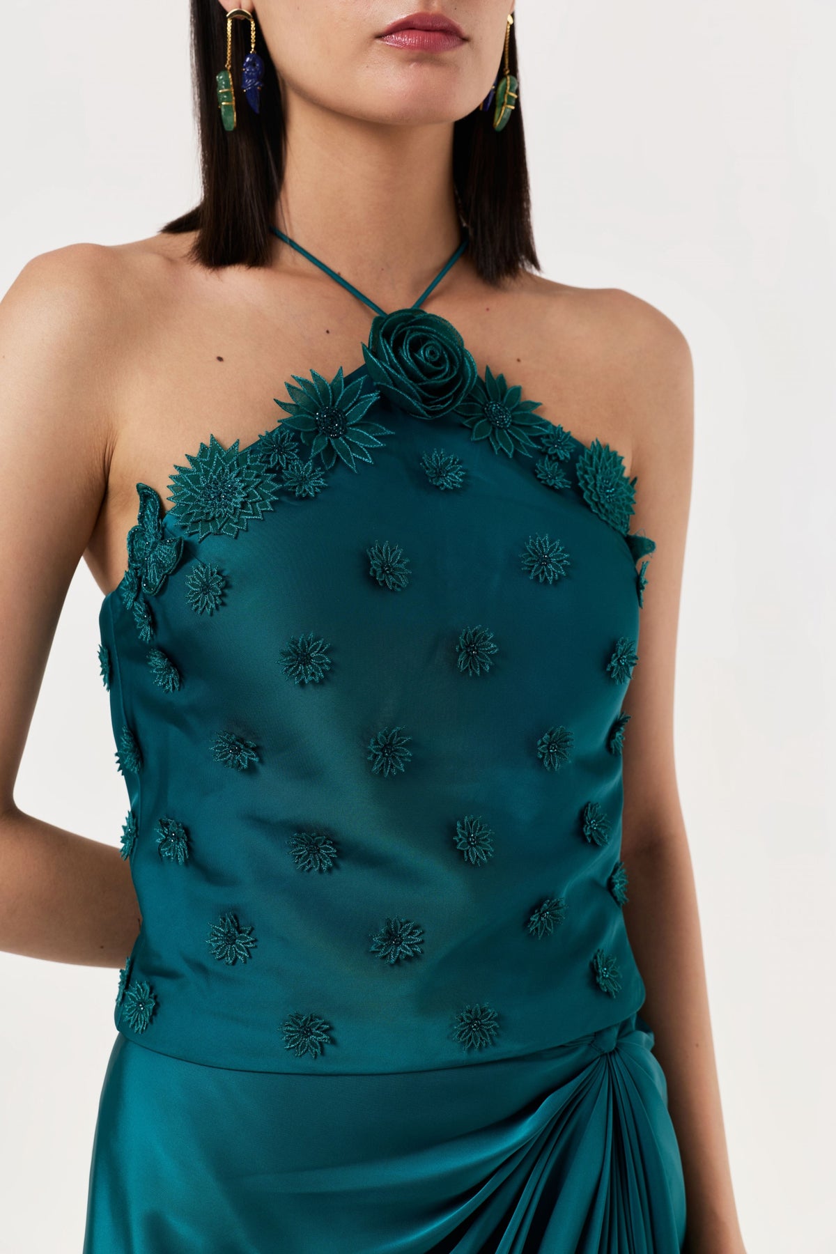 3d Floral Emerald Teal Halter Top Skirt Set