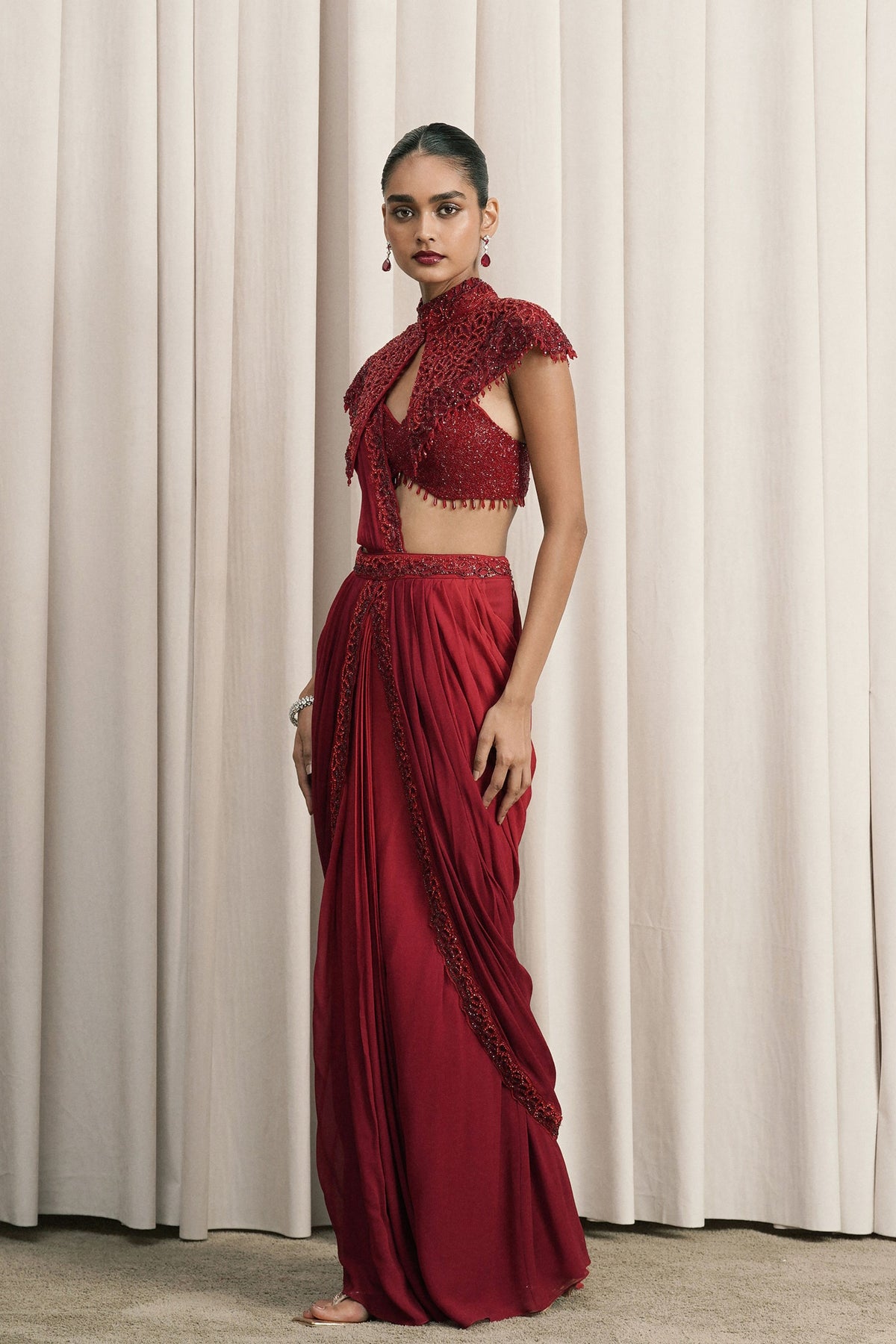 Red Shaded Crystal Cape Saree Set