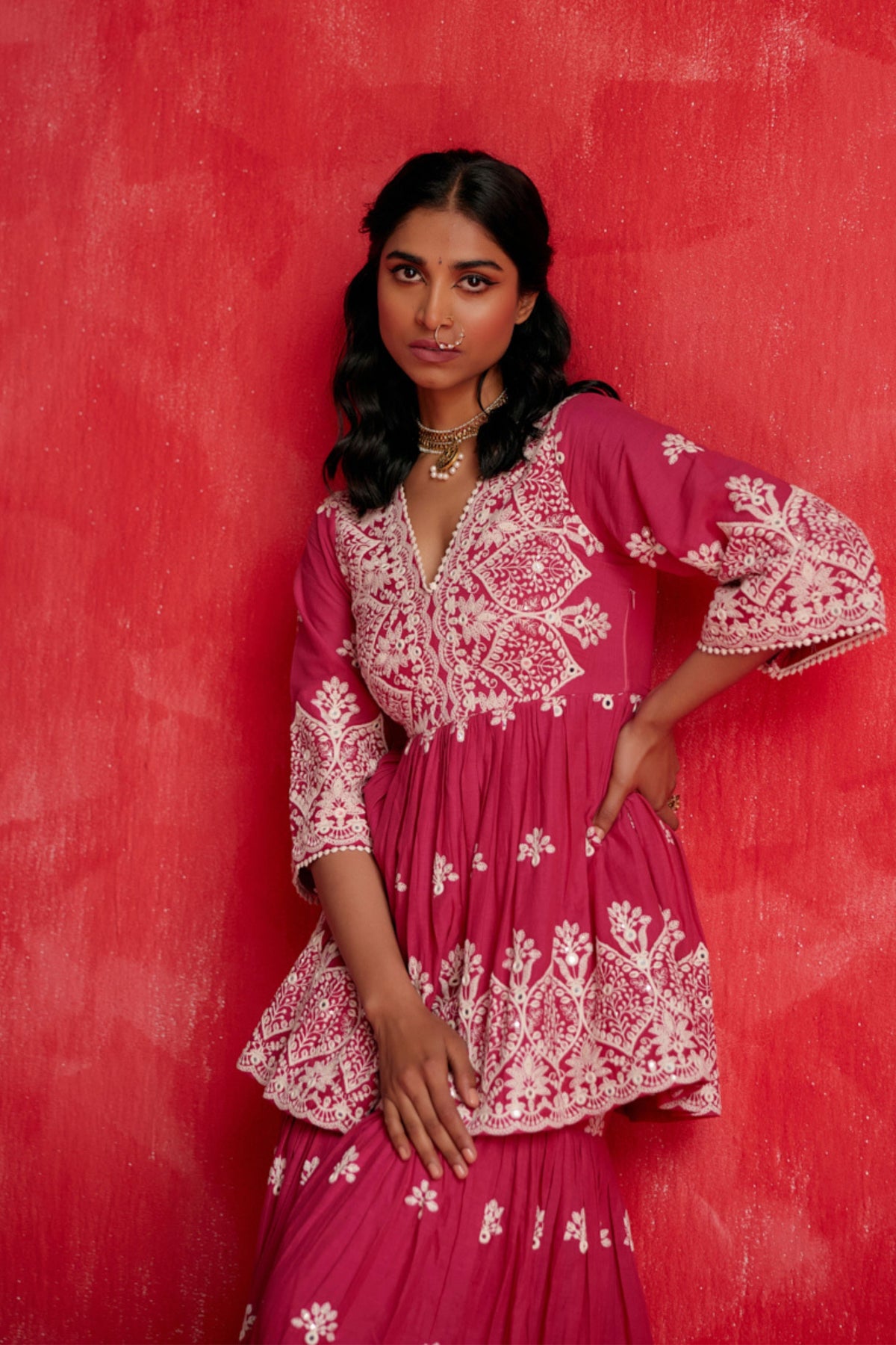 Fuchsia Embroidered Sharara Set