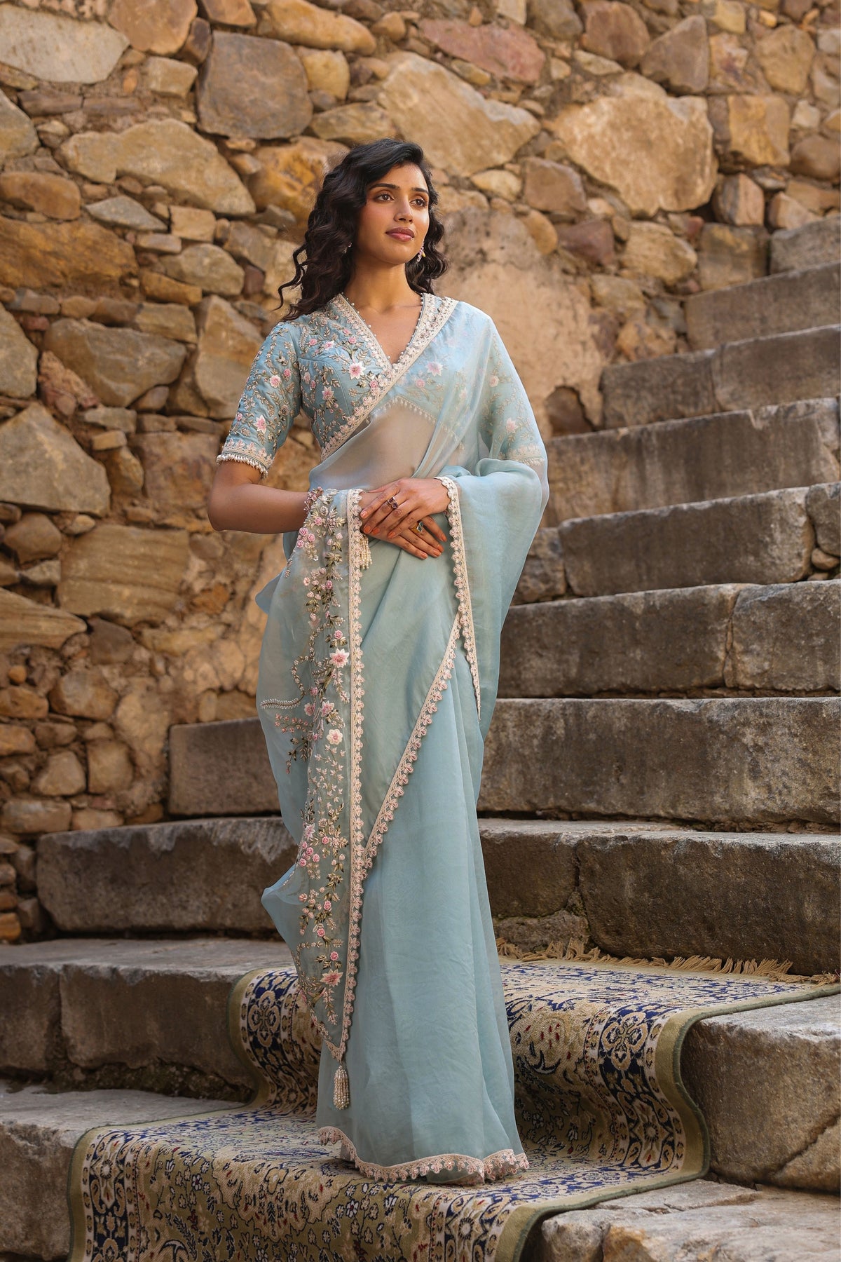 Vaayu Light Blue Phool Patti Saree Set
