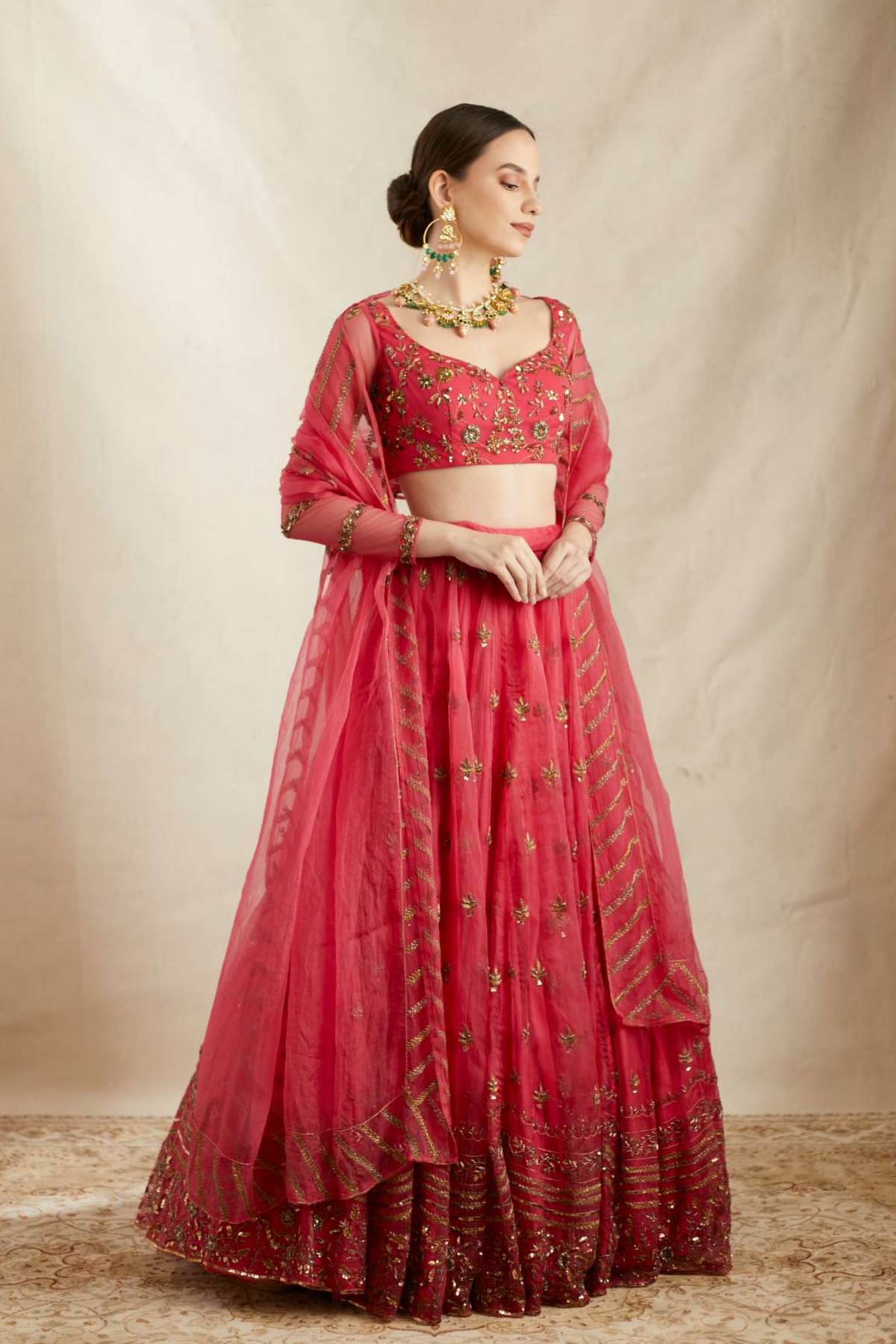Carmine Pink Organza Lehenga Set