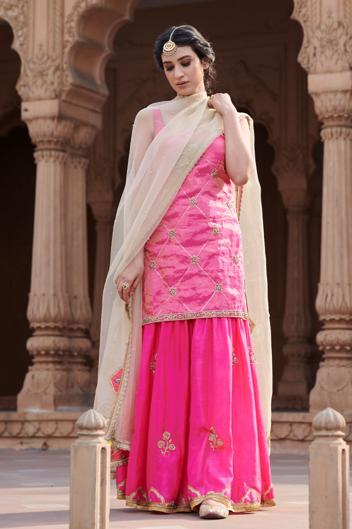 Zahra Hot Pink Check Kurta Gharara Set