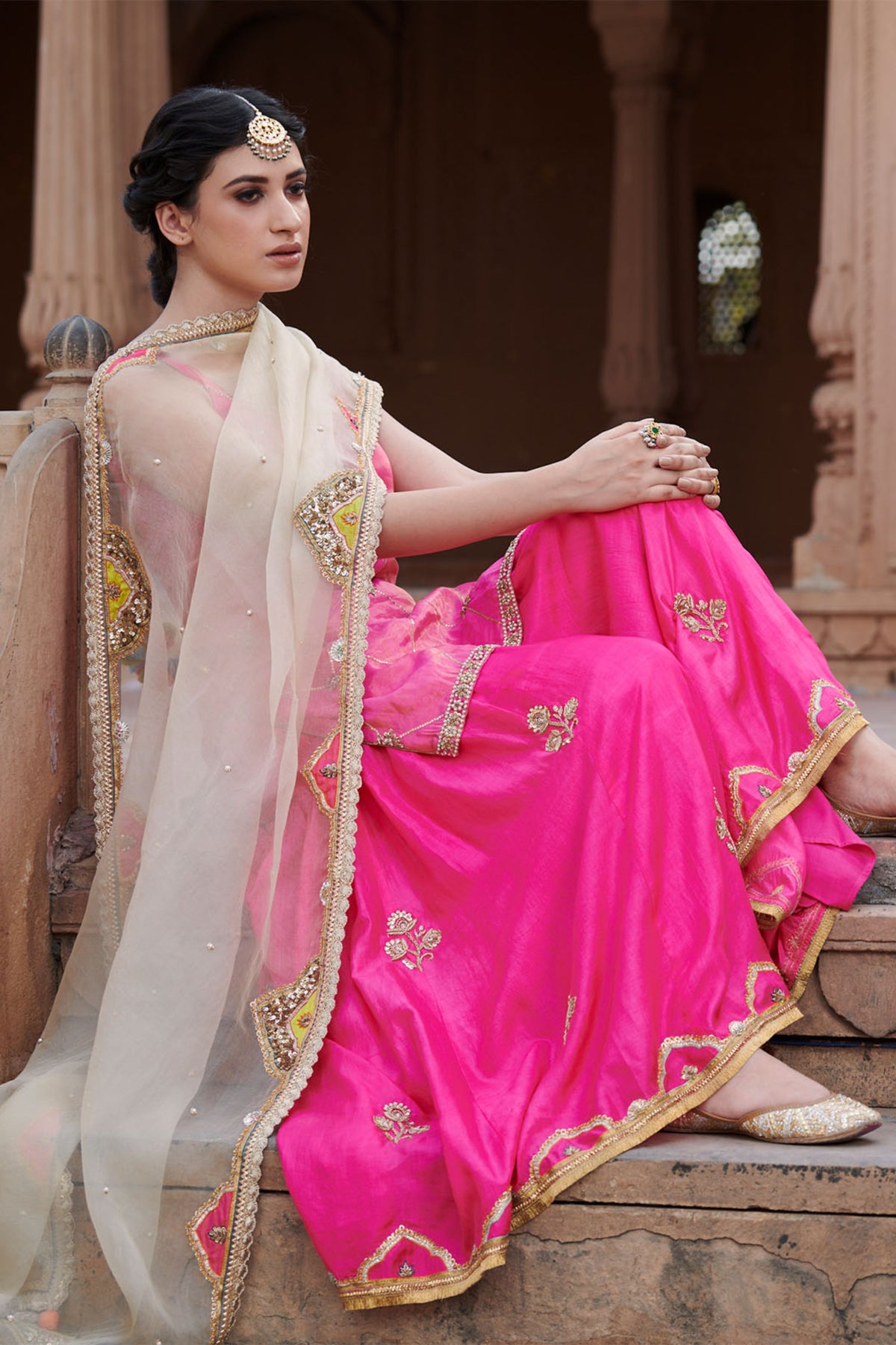 Zahra Hot Pink Check Kurta Gharara Set