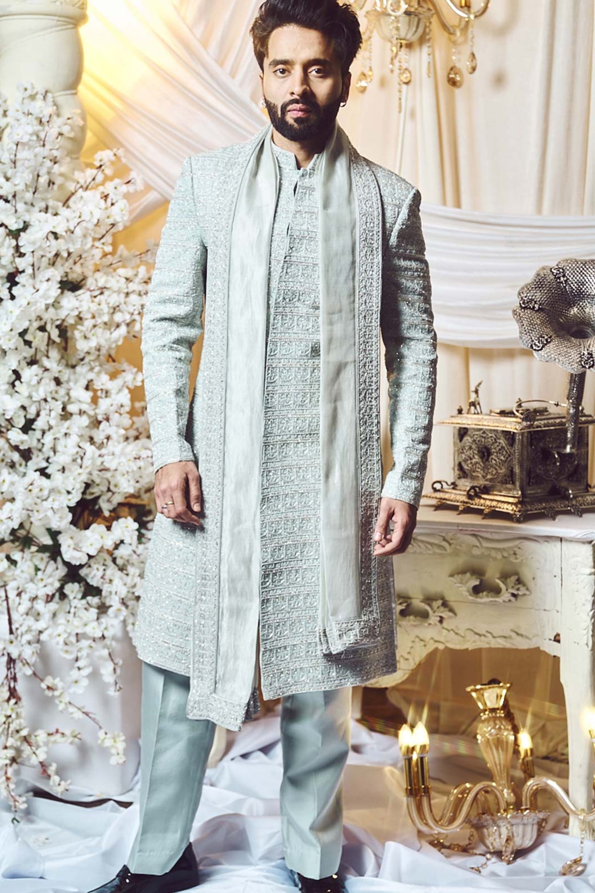 Pearl Grey Deco Sherwani Set.