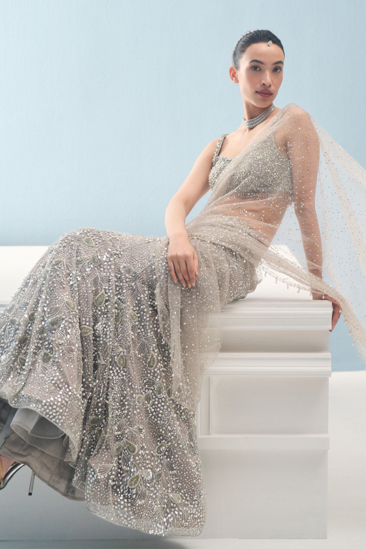 Silver Grey Drape Lehenga Set