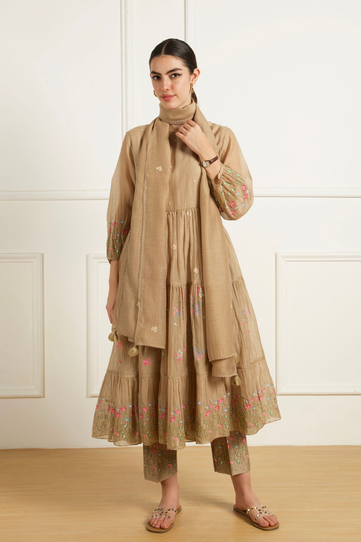 Beige Gathered Tunic With Pants