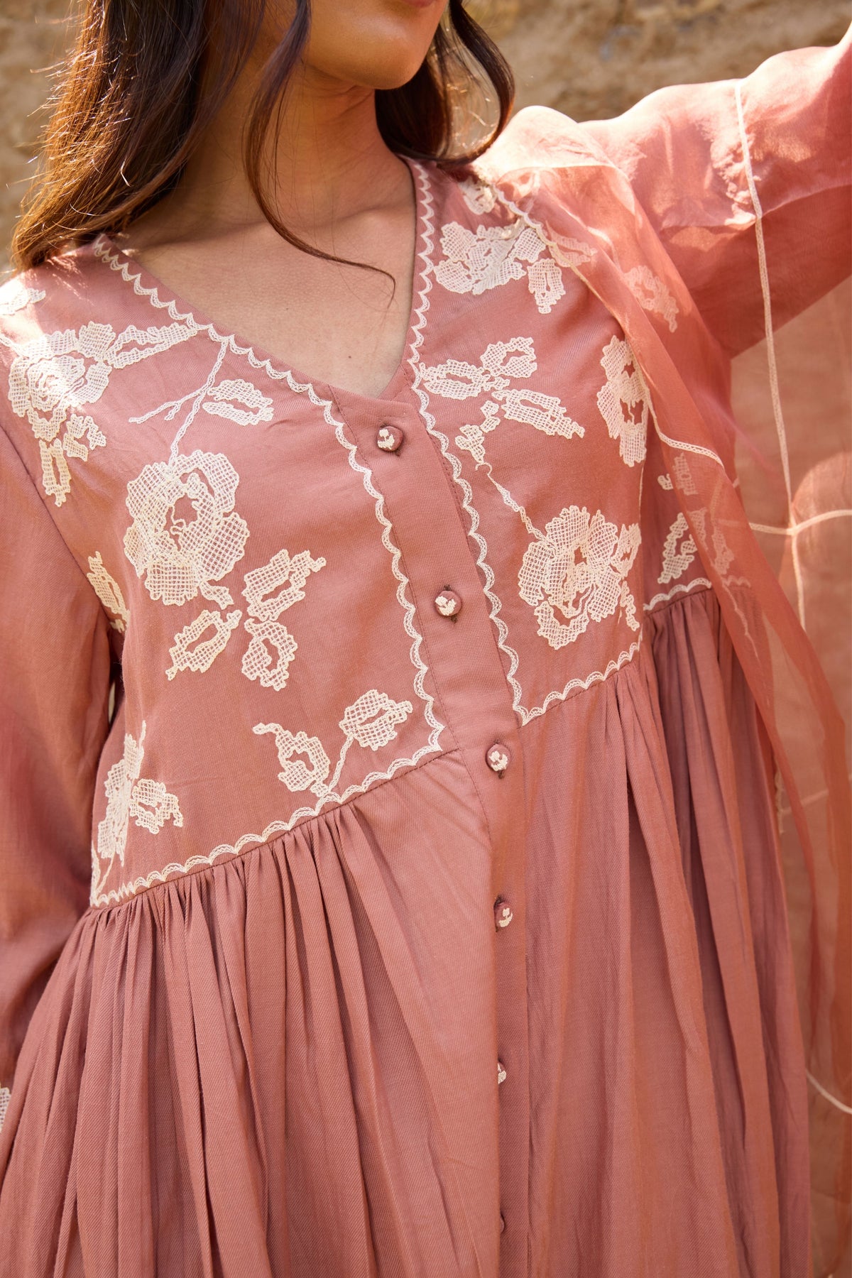 Brown Gathered Embroidered Kurta