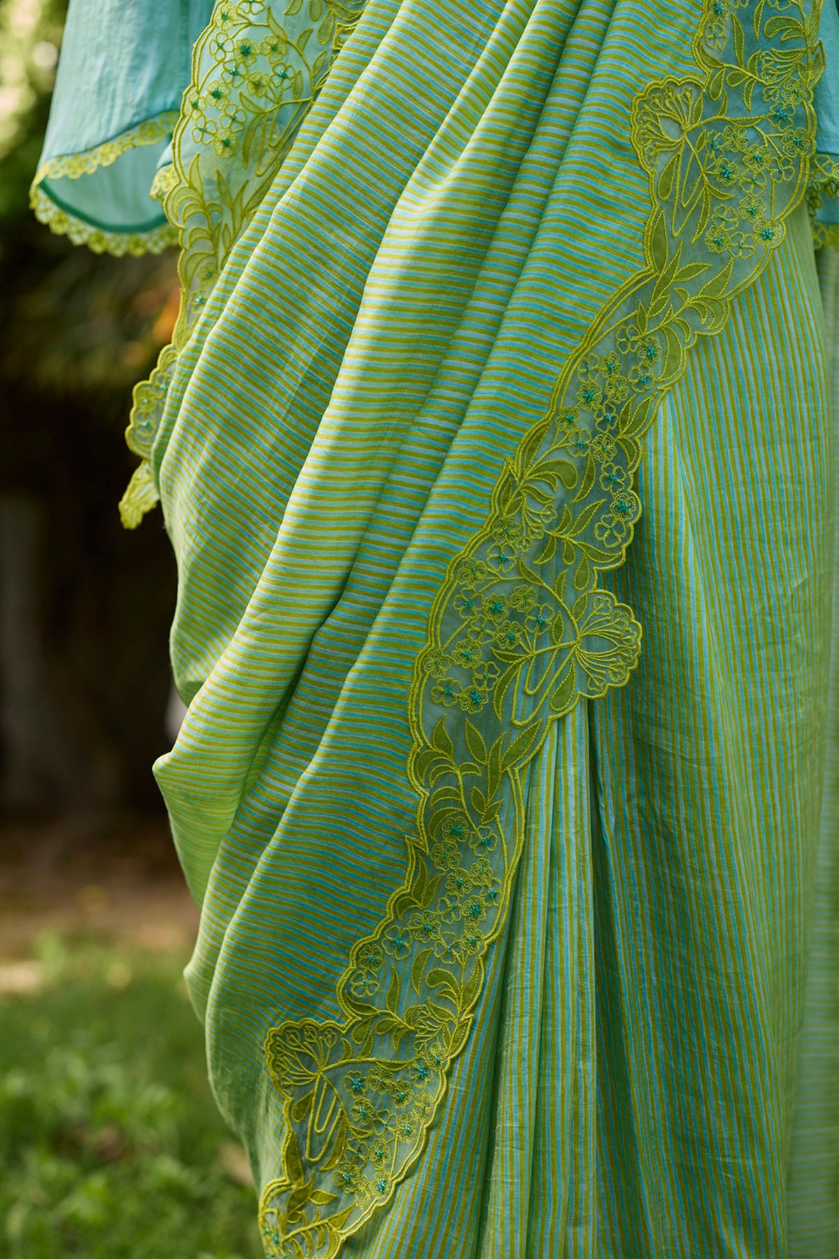 English Morning Green Embroidered Saree