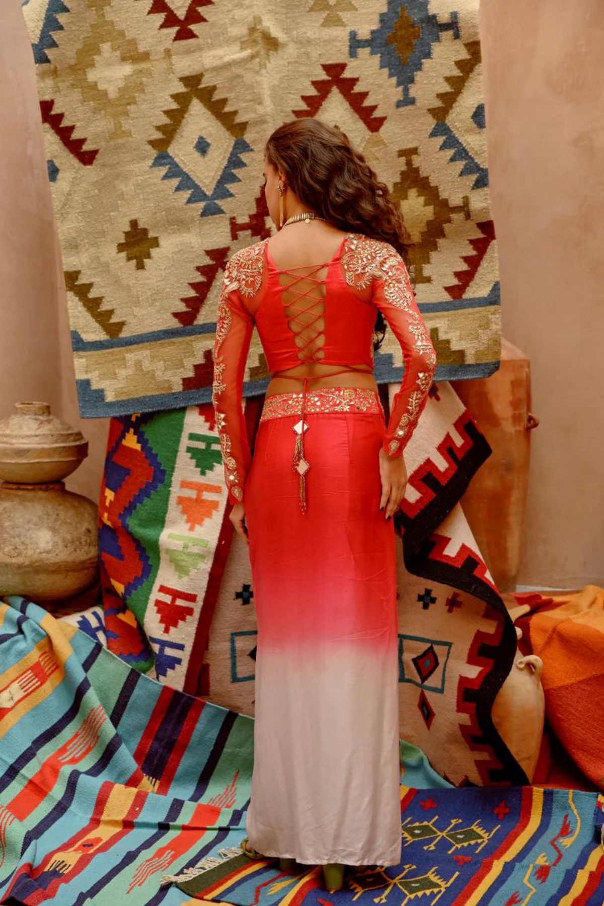 Hot Red Ombre Drape Skirt Set