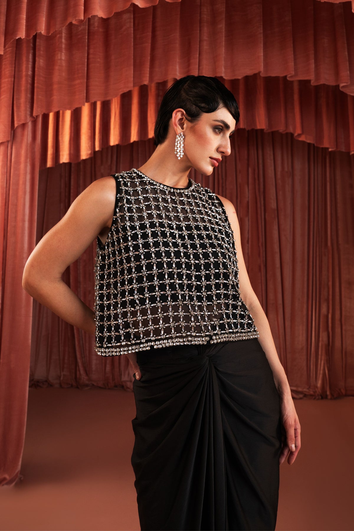 Black Sequin Draped Skirt Set