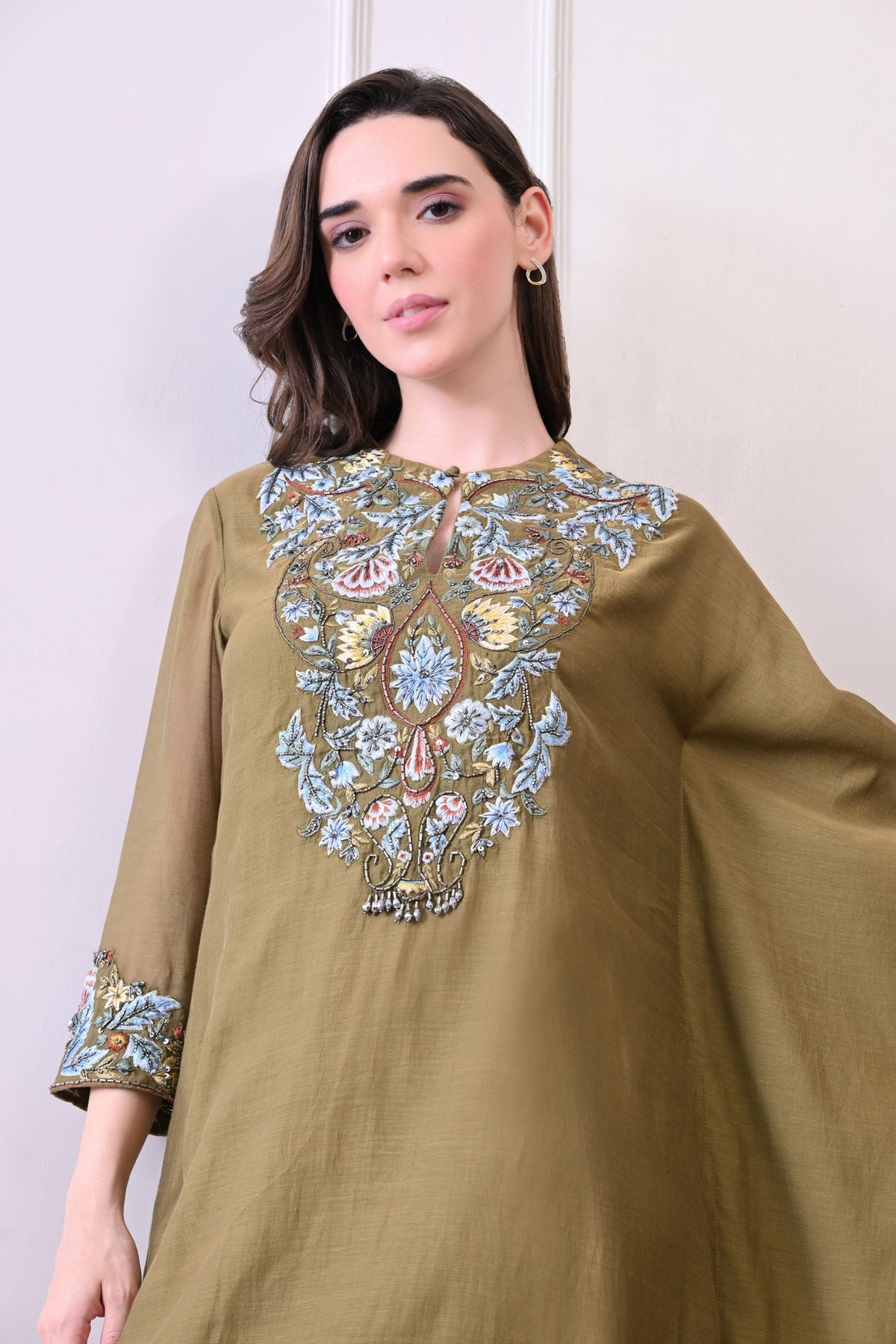 Olive Zardozi Embroidered Kaftan