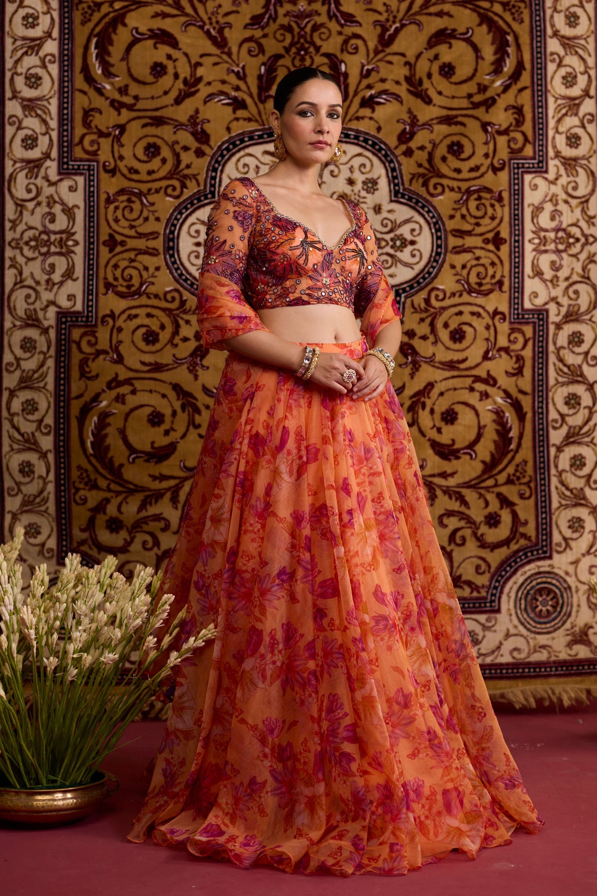 Orange Floral Lehenga Set