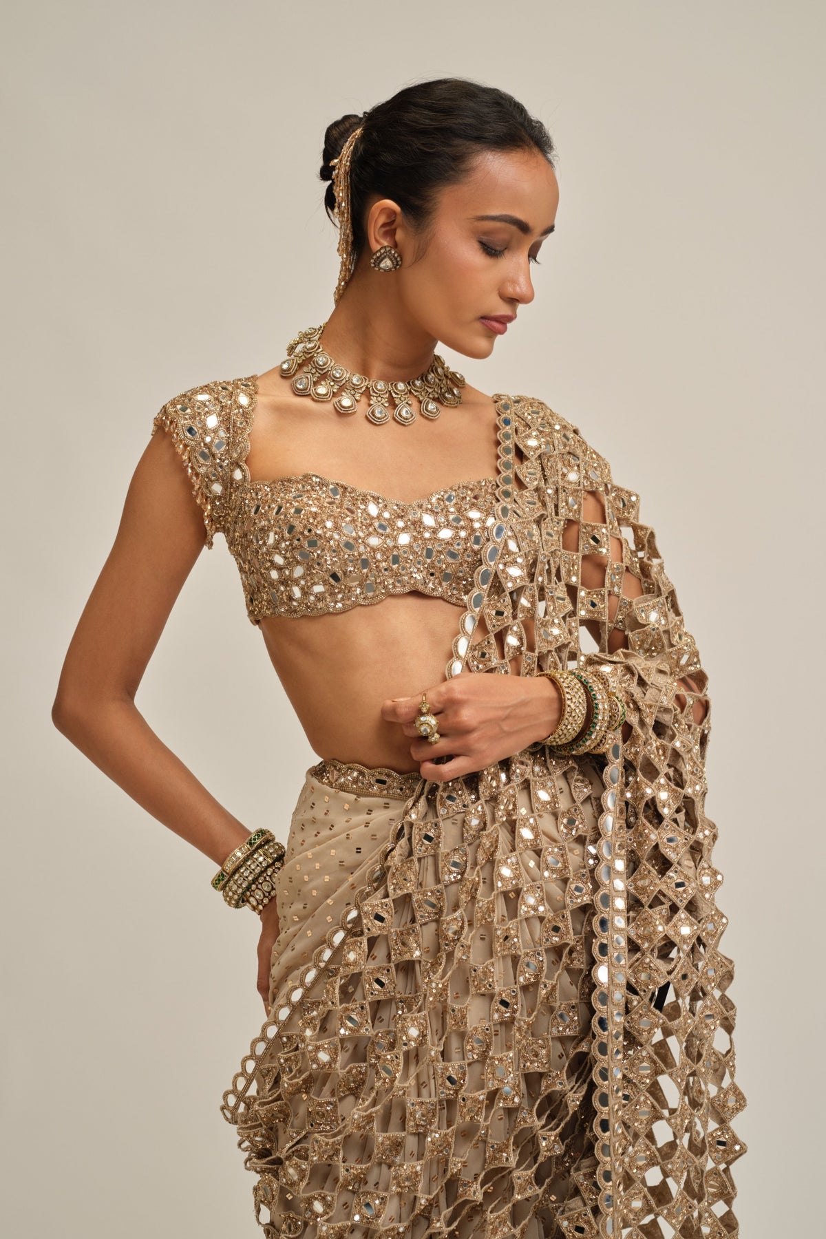 Modern Mirror Work Saree Set