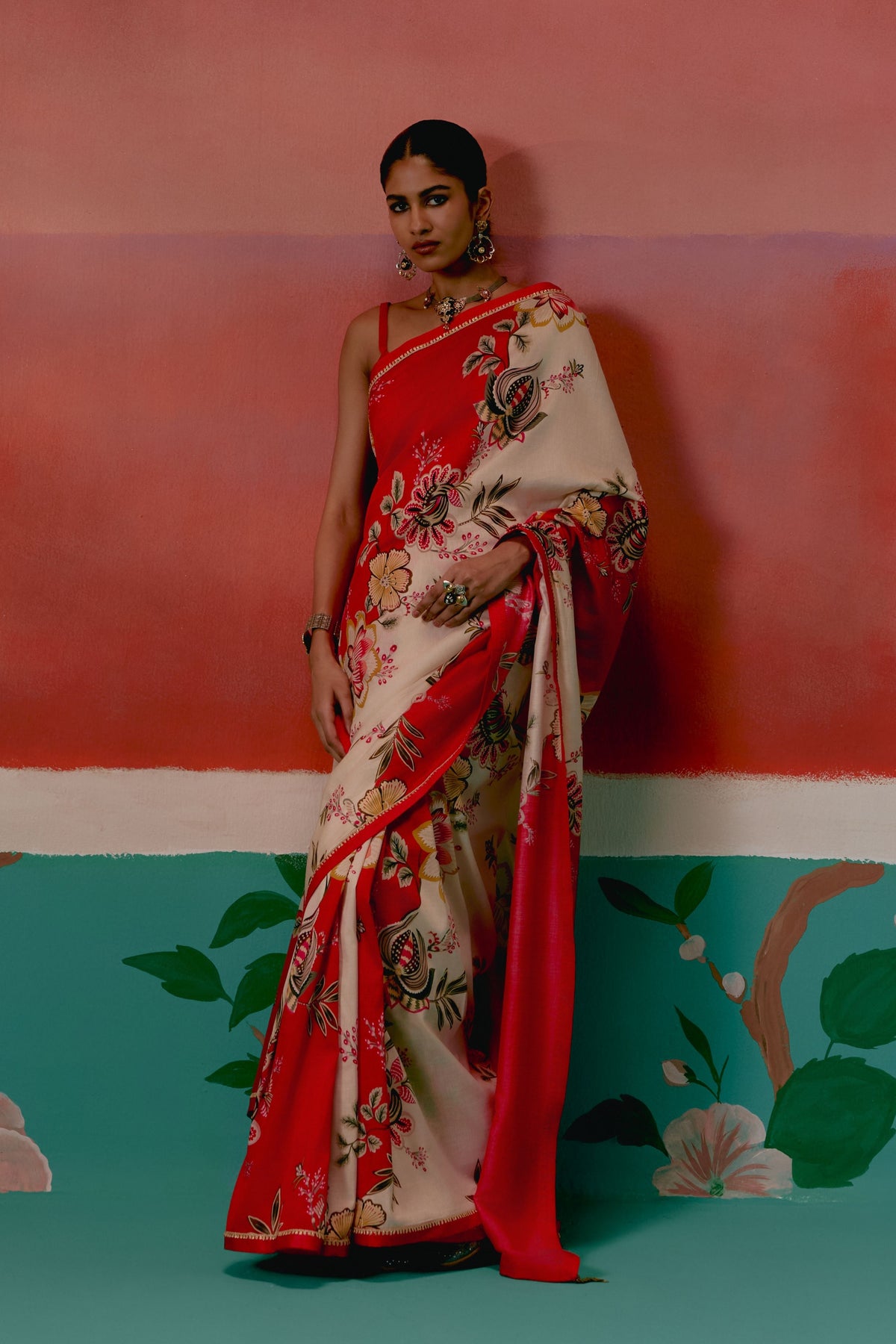 Ecru and Red Floral Saree
